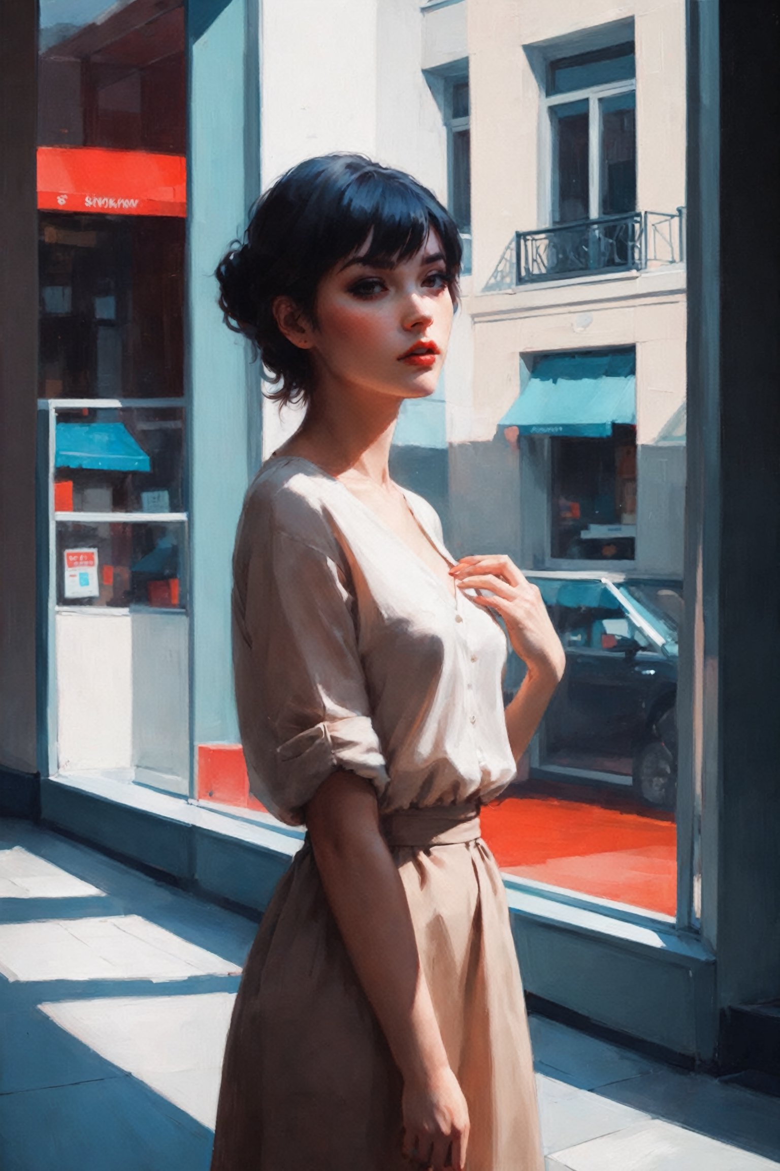 in style of Ilya Kuvshinov, full body portrait of an insanely beautiful woman Looking in the windows of a store