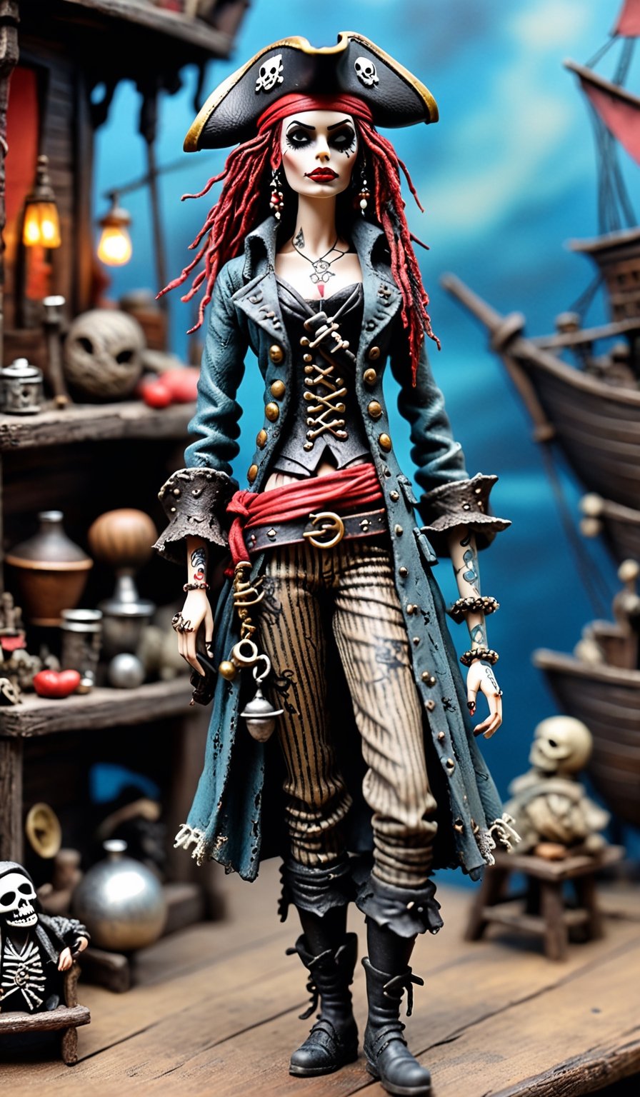 1 beautiful woman pirate. adorned with tattoos,  dirty,  sweat,  worn out clothes,  tattered,  worn out coat,  in the style of Tim Burton stop motion character. Miniature by Tim Burton. Detaied pirate tabern diorama background. niji5