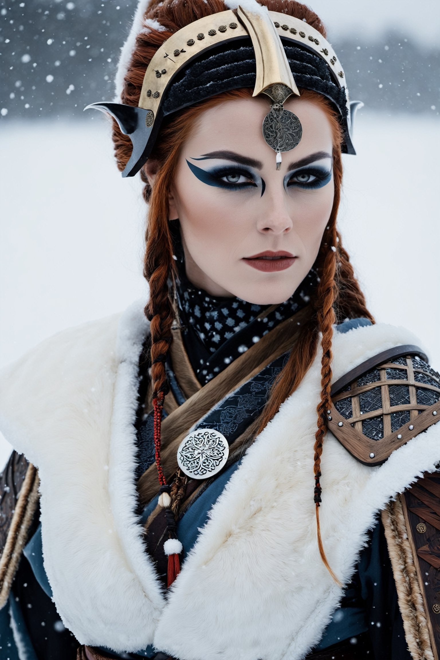 a woman dressed as a viking mixed with samurai, in the snow, a character portrait, fantasy art, samurai, beautiful avatar pictures, anime style mixed with fujifilm, award winning costume design, photor3al,ukiyo_e