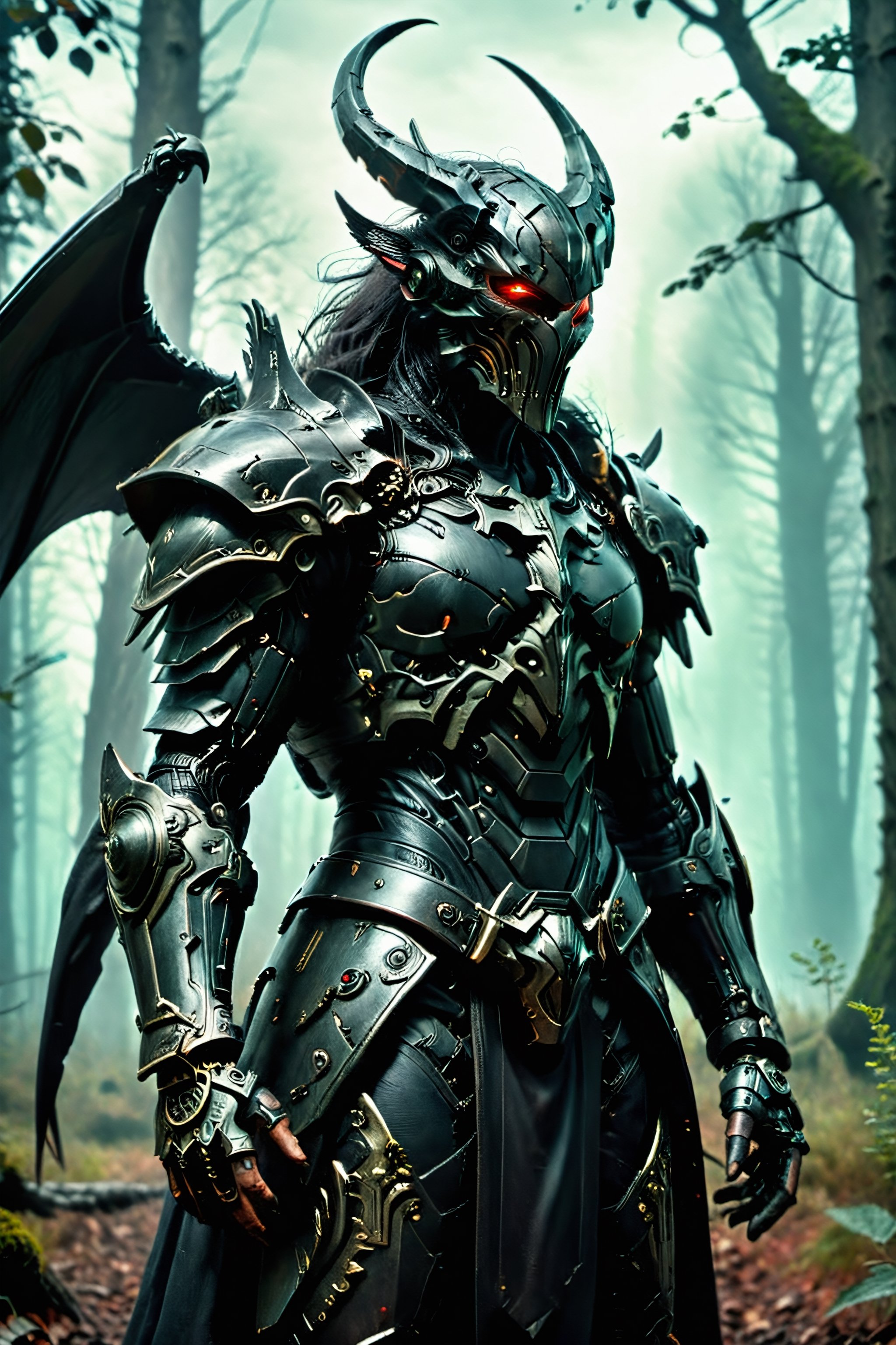extremely realistic, Chernobog the king of the dark, wearing black intricately detailed armor with chiseled micro details. Robotic augmentation, Slavic Folk, a background of [Malevolent Skies, Dark Forests.], in the colors [Ominous Reds] and [Eerie Greens.], immersive, blending shadowy allure with mythical narratives, expansive, otherworldly atmospheric, visually captivating, in the style [Malevolent Realism and Gothic Fantasy].  cyberpunk style, detailmaster2,Extremely Realistic