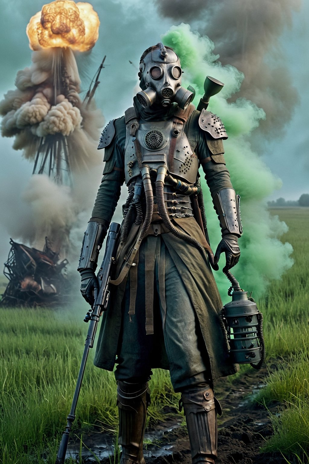 Extremely realistic, horror scene,a plaguemarine ww1ger with gas mask and armor, holding rifle, explosions, green mist, fog, smoke, slime, Field telephones, Dawn, , (, , ,, Scales, Spiral, ultra detailed, intricate, , (surrealism:1.1), (disturbing:1.1), tense atmosphere. photo r3al,Magical Fantasy style,inst4 style,darkart,cyborg style