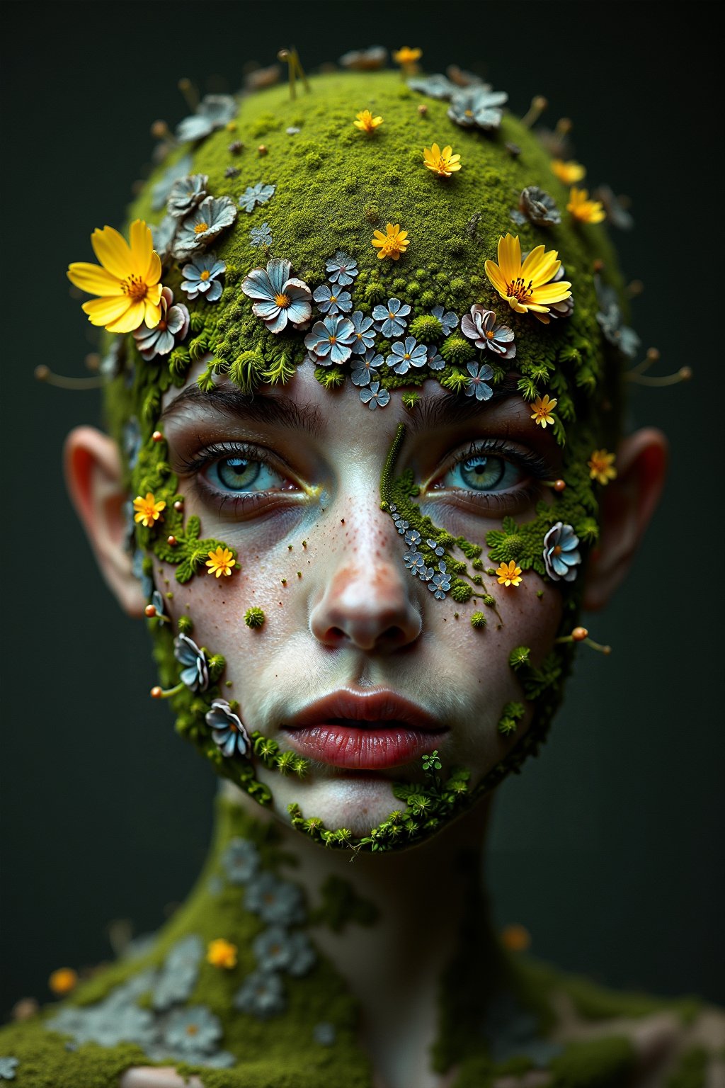 Vintage photograph, Extremely realistic and professional photography. Hyper-realistic. Little yellow flowers.. Green moss and lichen growing over the skin.