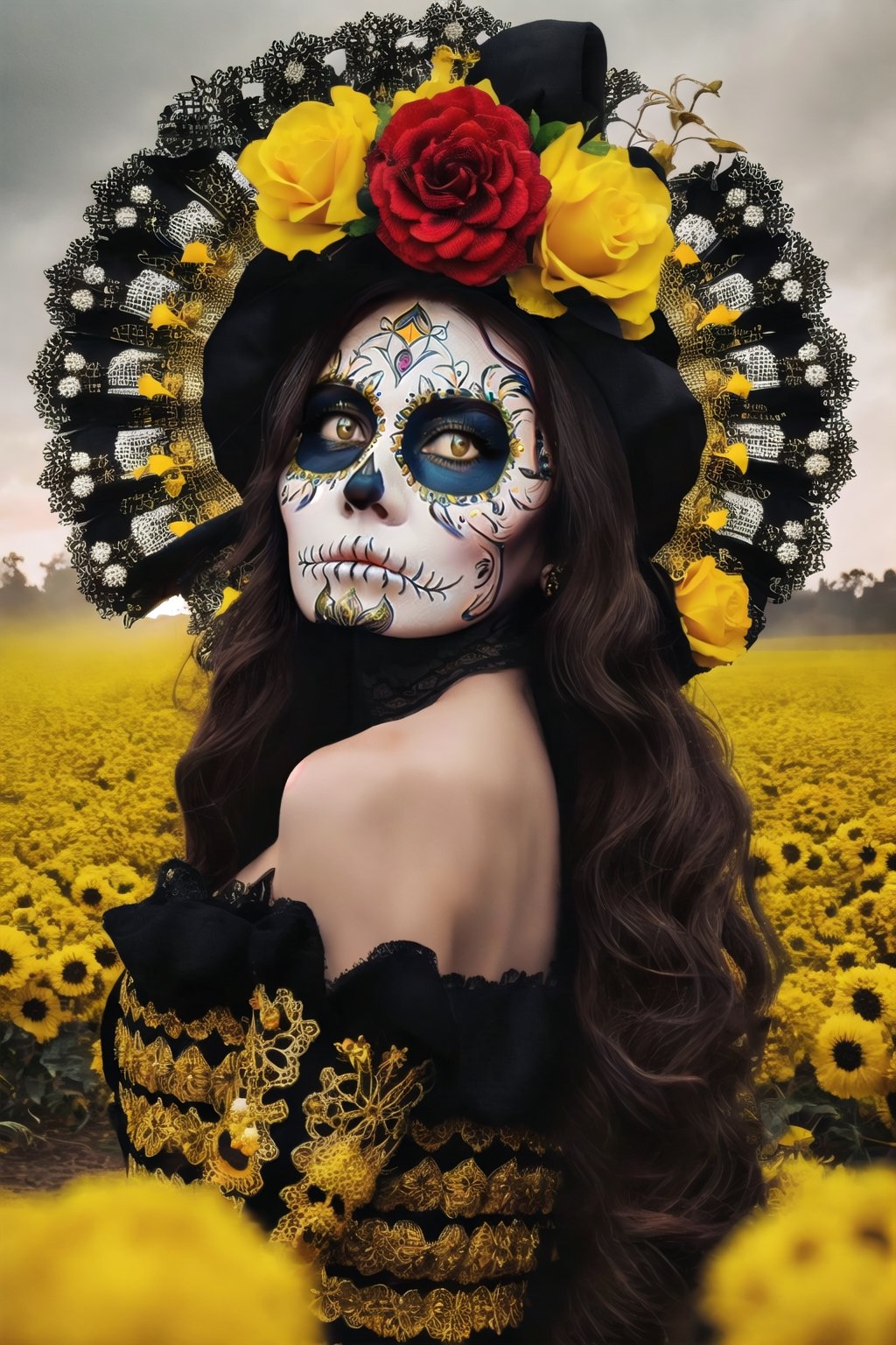 1girl, lavish outfit with elaborate decorations, textured spandex emboss stretch fabric, rhinestone appliques, lace patches, walk on misty landscape, dark night, silhouettes of dead trees,dim lights, día de muertos themed, yellow flowers everywhere, hyperdetailed artwork, high_res,insane details ,Catrina,Epicrealism,(día de muertos:1.2)