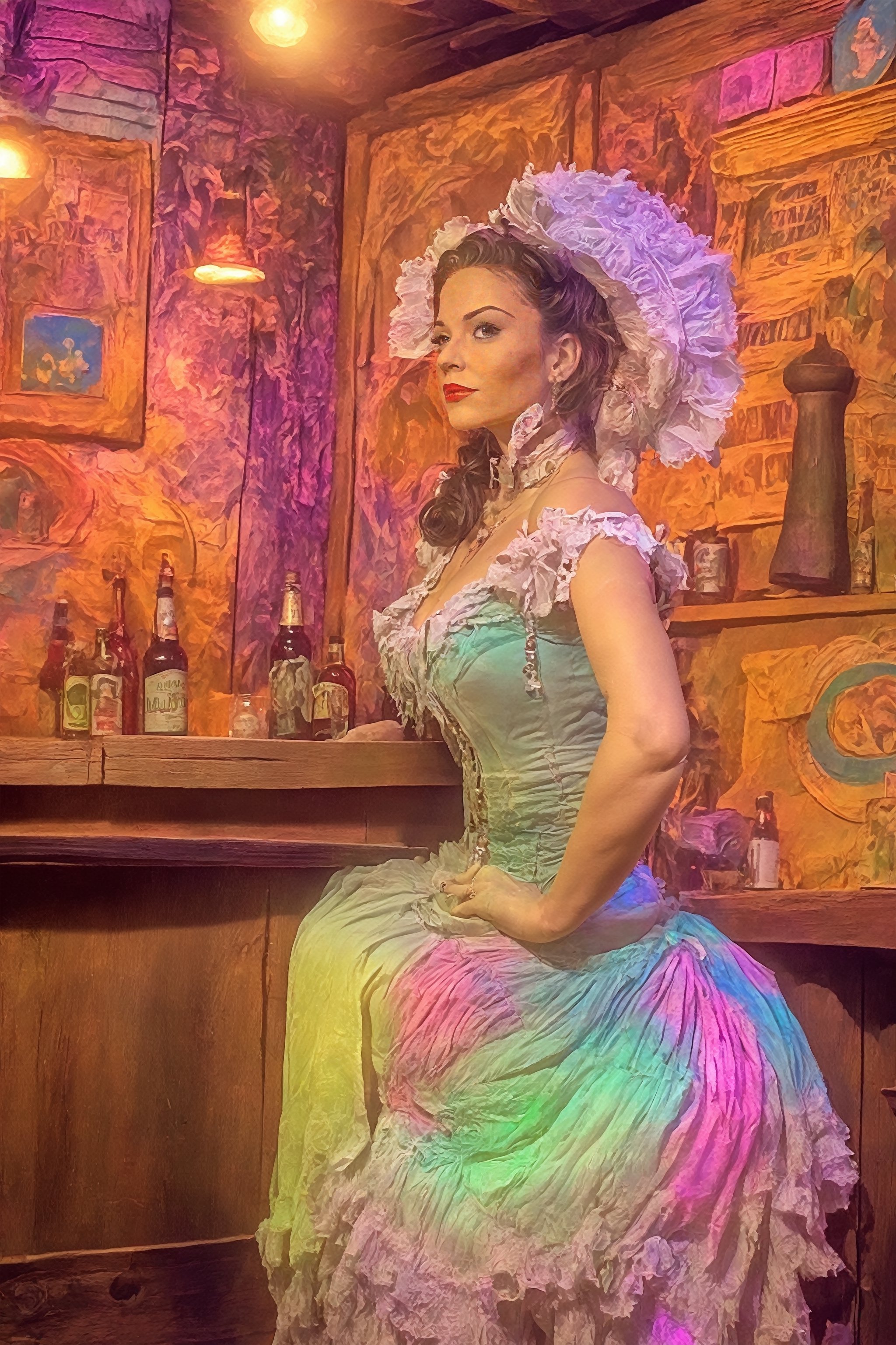 portrait of a (saloon girl from spaghetti western movies) wearing (burlesque dancer dress). (A western saloon bar) as background. (((psychedelic background:1.5))) using neon glowing colors with sfumato technique.