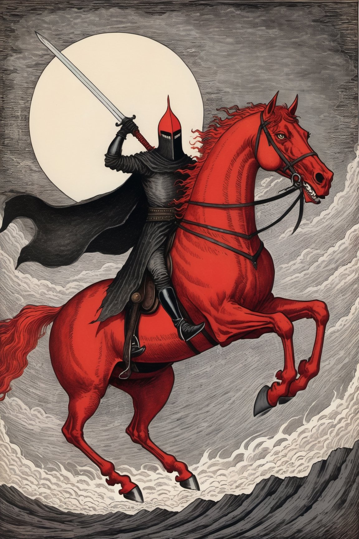 the second rider of the Apocalypse astride a fiery red horse, emanating an aura of strife and turmoil. With a massive sword in hand, their presence exudes dark and sinister energy, signifying the unleashing of devastation and discord upon the world. in the style of Edward Gorey. Edward Gorey Style page