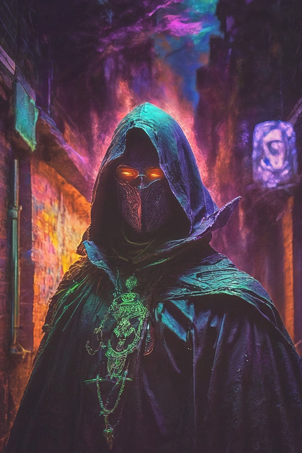 portrait of a (fantasy assasin awaiting in the shadows) wearing (a dark cloak). (A dark back alley) as background. (((psychedelic background:1.5))) using neon glowing colors with sfumato technique.