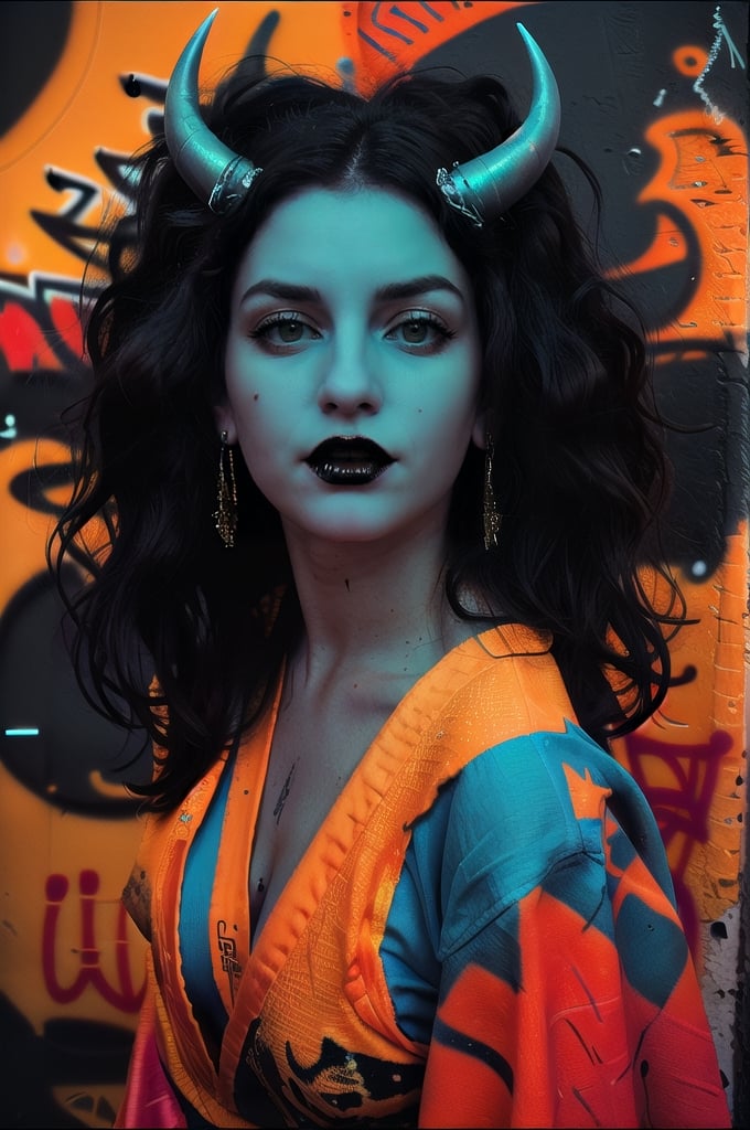 Grunge style, a woman with horns wearing a grungy kimono, textured, sexy posing, pinup style, vintage, edgy, grunge rock vibe, dirty, noisy, the setting is a urban background. Street photograph, (graffiti:1.3),Realism,Epicrealism,Enhance,Details,Beautification