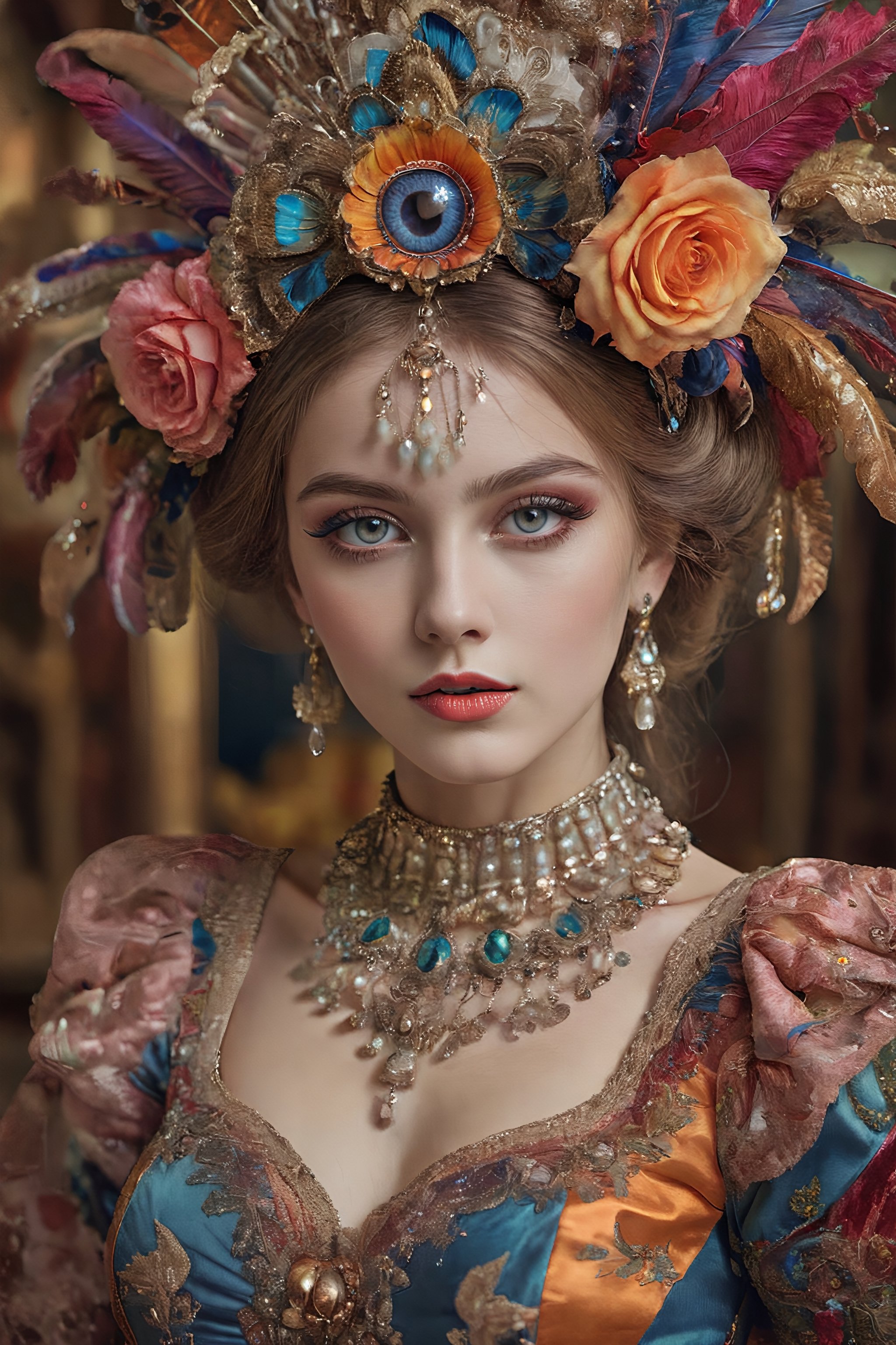 Extremely Realistic, In a digital photograph reminiscent of a vintage portrait, a flamboyant and eccentric avatar captivates with its outlandish extravagance. The main subject of the image is an eye-catching gorgeous girl adorned in intricate, shimmering attire that reflects the opulence of a bygone era. The girl exudes an aura of otherworldly allure, with resplendent colors and ornate details that are impeccably rendered in this high-quality image . Extremely Realistic, photo r3al,make_3d