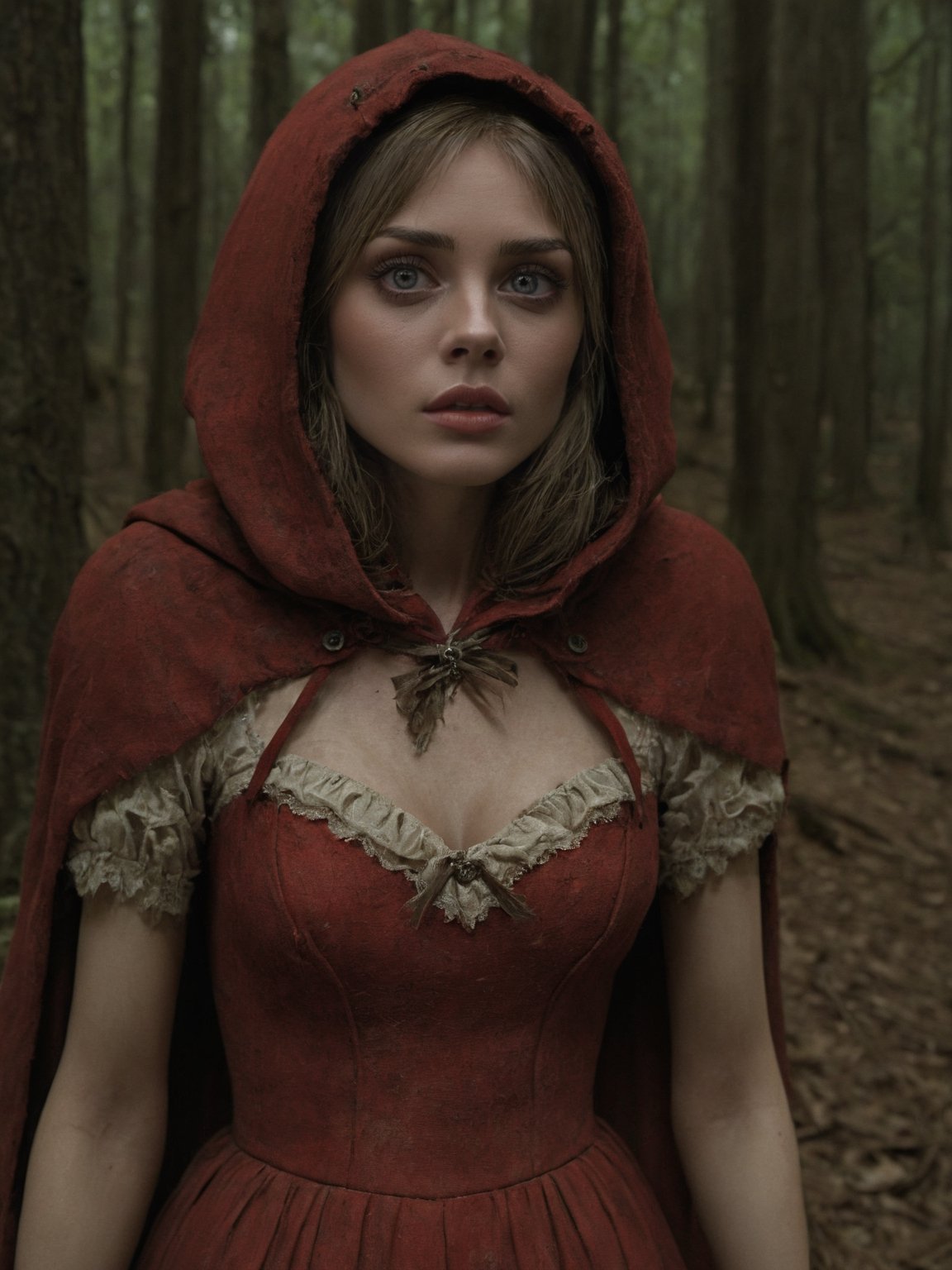 (ultra realistic photograph:1.3), (matte skin:1.3) (realistic skin texture:1.3) (8k, RAW photo,  best quality, ultra high res, photorealistic,  masterpiece, (ultra-detailed,  Unreal Engine), (((Upper body photograph:1.3))) (Little Red Riding Hood), (red hood:1.3), (pale skin), (glassy eyes), (needle marks), (disheveled hair), (tattered dress), (dirty hands), (pale lips), (gaunt appearance), (worn-out shoes), (dark circles under eyes), (lost expression), (erratic behavior:1.2), (dazed look), (fearful glances), (withdrawn demeanor:1.1), (empty stare), (needle in hand:1.3), (neglected appearance), (pale cheeks), (unsteady walk), (nervous twitch:1.2), (pocket full of pills:1.3), (slurred speech), (erratic movements), (paranoia:1.1), (unreliable memory:1.2), (dilated pupils:1.3), (lost innocence), (isolated from loved ones:1.3), (fallen from grace:1.2), (fear of the woods), (broken family ties:1.4), (once bright future:1.3), (longing for escape), (struggles with addiction:1.4), (yearning for help:1.2), (fading hope:1.1)., (Photorealistic), (Hyperrealistic), (Hyperdetailed), (analog style), (detailed skin), (matte skin), (soft lighting), (subsurface scattering), (realistic), (heavy shadow), (masterpiece), (best quality), (ultra realistic), (8k), (Intricate), (High Detail), (film photography), (shrp focus), (detailed skin texture), (elegant),horror,Movie Still