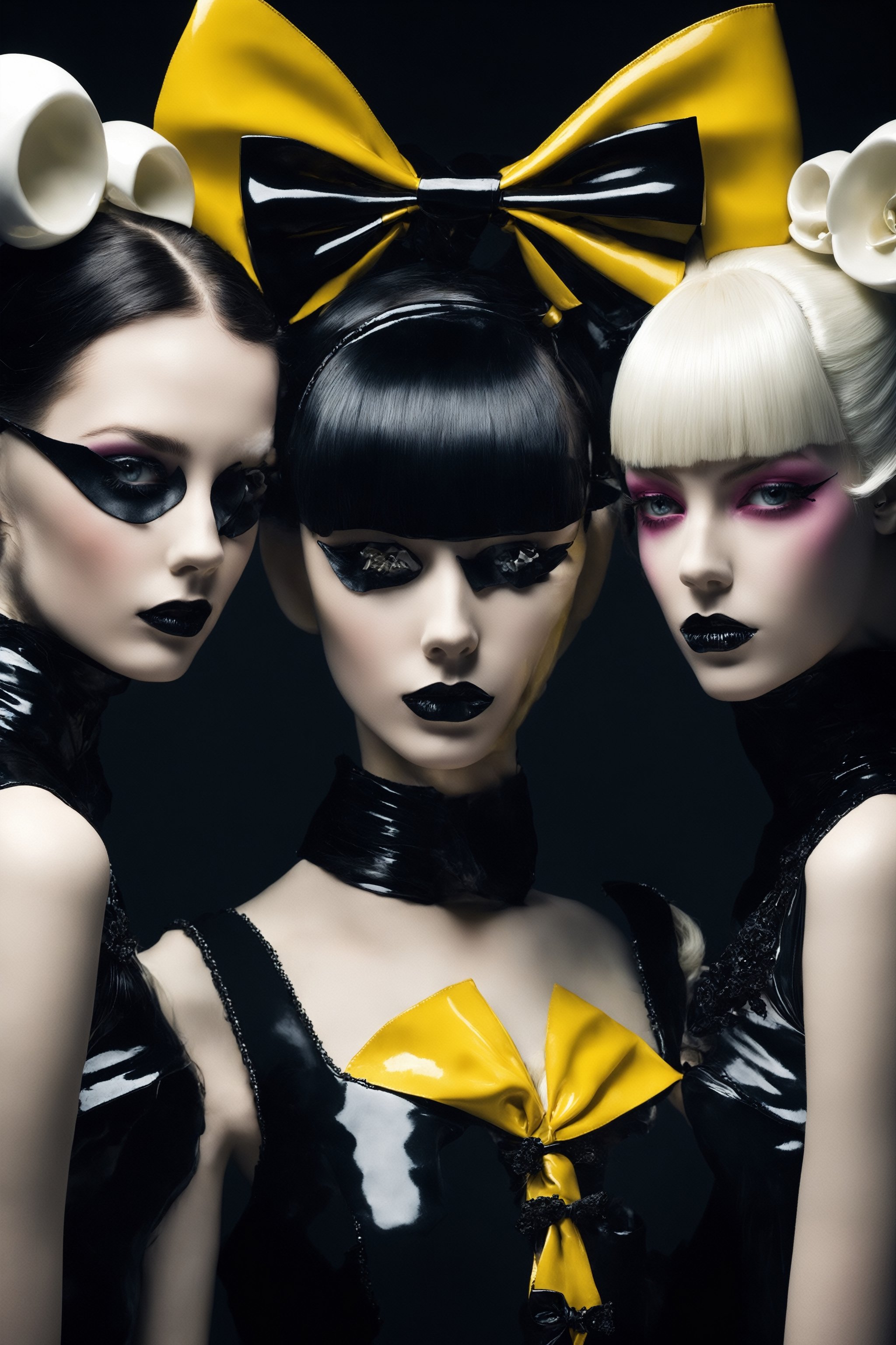 otherworldly horrorcore photograph,  3 females,  unholy martyrs,  weird minimalism,  insanity fragmentation,  surreal pop necrocore art,  glorypunk,  a close up of 3 women wearing a bow ties,  character portraits,  by Jason Teraoka,  trending on cg society,  neo-figurative,  yellow and black robotic parts,  nun fashion model,  (3 porcelain japanese mannequins:1.4),  (white hime cut hairstyle:1.4),  harnesses and garters,  official product photo,  blindfold,  maid outfit,  latex,  anime figurine,  vibrant darkness,  in the style of macabrecore nightmare,  psychosis,  rage,  guro,  gorepunk,  muted colors,  partially desaturated,  pink and black palette. Horror photography Chromatic scale, postcard,  landskaper,