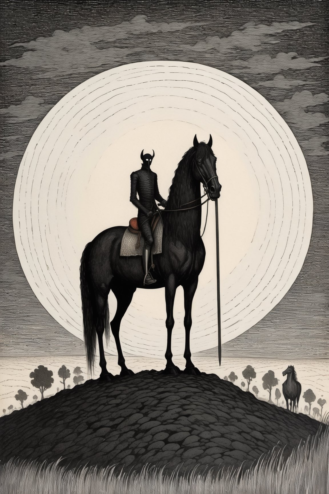 The third rider of the Apocalypse, an emaciated and thin figure, atop a menacing black horse, manifests famine and scarcity. (((With scales in hand:1.3))) casting a desolate shadow of struggle across the land. in the style of Edward Gorey. Edward Gorey Style page