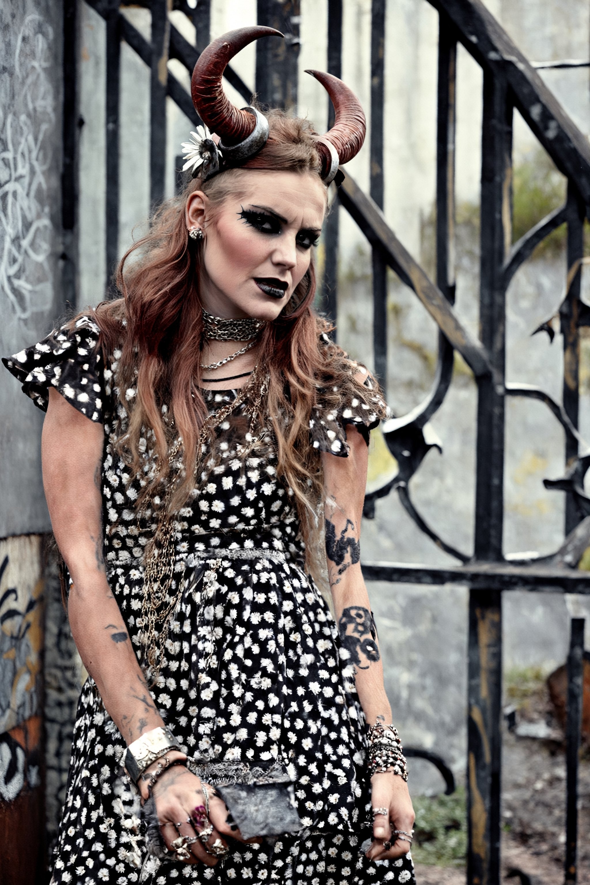 Grunge style, textured, vintage, edgy, grunge rock vibe, dirty, noisy, a girl with horns, a girl in a flower print  dress, and long oink hair laying outside, in the style of eclectic montage, black and white metalwork jewelry, flower power, gray and brown, photographic source, detailed costumes, the setting is a urban background. Street photograph, (graffiti:1.3),Realism,Epicrealism,Enhance,Details,Beautification,Landskaper,photo r3al