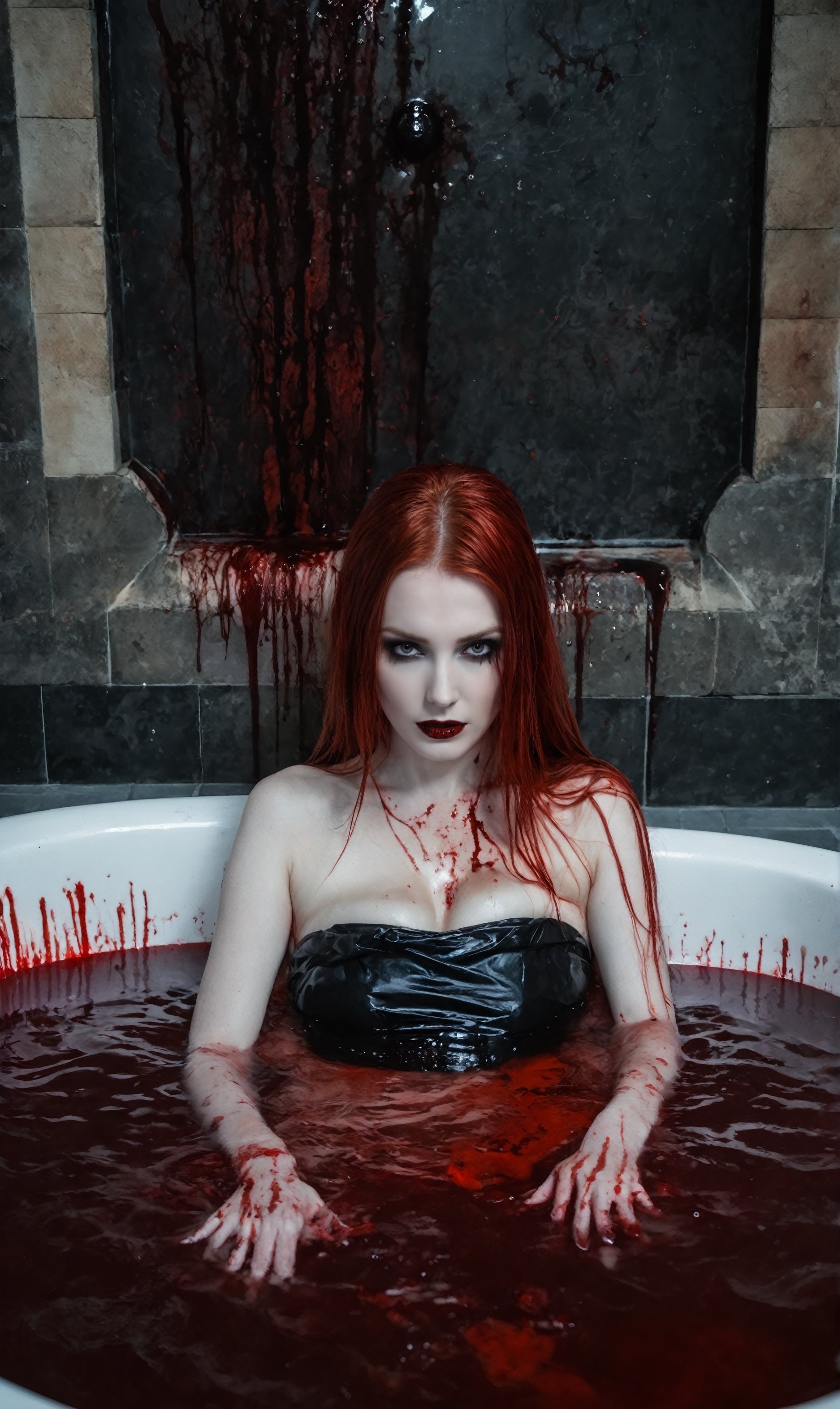 1girl, solo, long hair, breasts, red hair, horror photography. Macabre art, a alluring and blood curdling vampire queen. Taking a bath in a bathtub full of blood. Castle background. 
