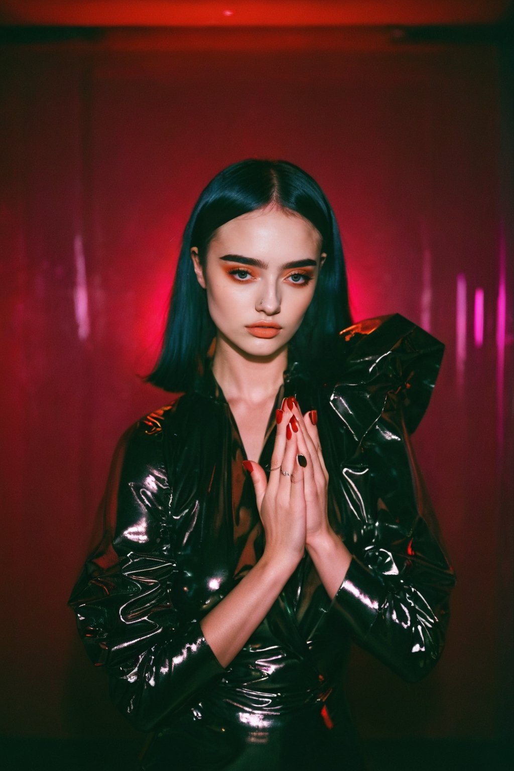 A lovely woman covering her face with her hands, 500 px models, dark neon colored universe, chrome bob haircut, portrait of Kim Petras, woman very tired, detached sleeves, red light, tragedy of the mind - driven, dark hues, redshift, connectedness, emote, stylized portrait h 1280, aesthetic!!!!!, tense,analog,more saturation 