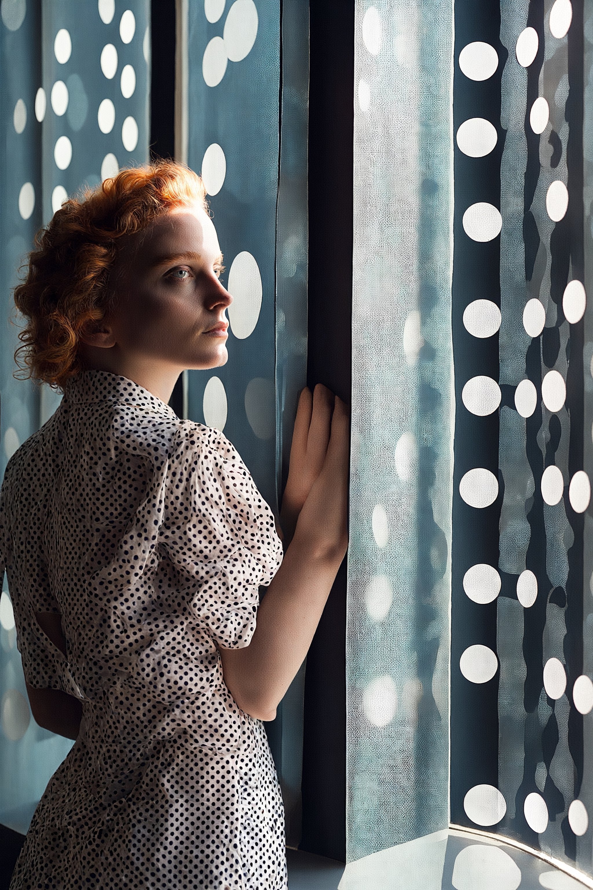 girl looks out of a window, in the style of conceptual light sculptures, polka dots, imaginative prison scenes, fashion photography, opaque resin panels, luminous shadows, close-up