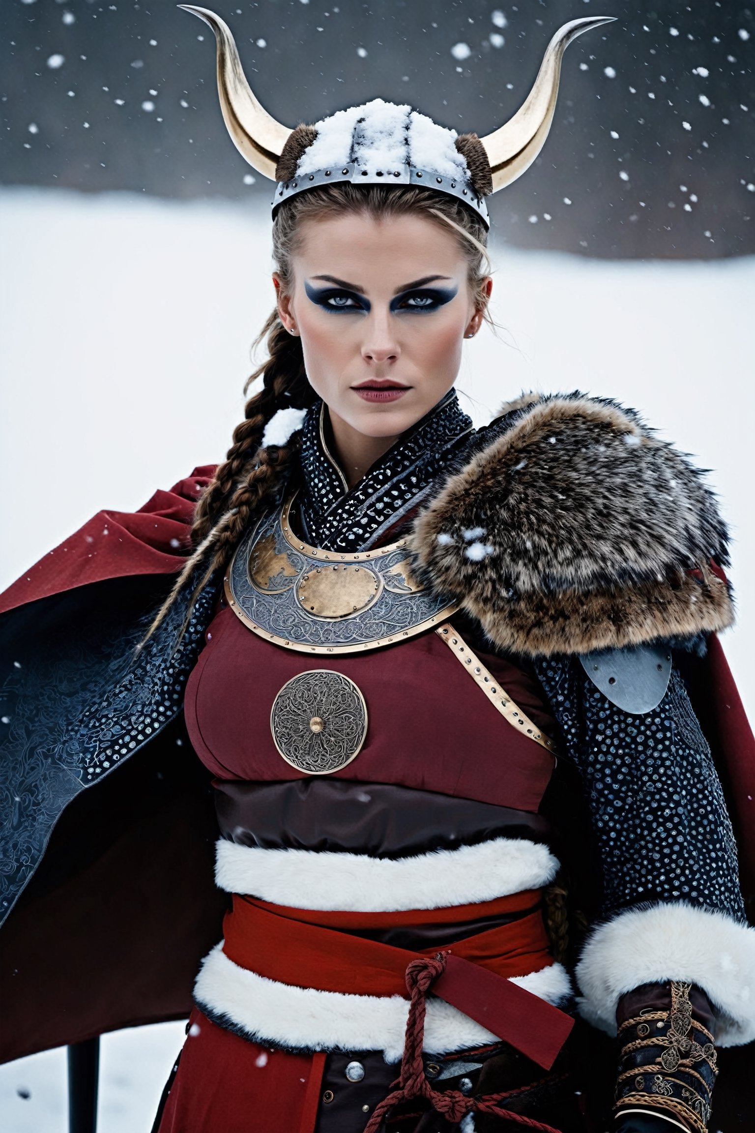 (upper body photograph:1.4) a woman dressed as a viking mixed with samurai, in the snow, a character portrait, fantasy art, samurai, viking, beautiful avatar pictures, anime style mixed with fujifilm, award winning costume design, photor3al,ukiyo_e