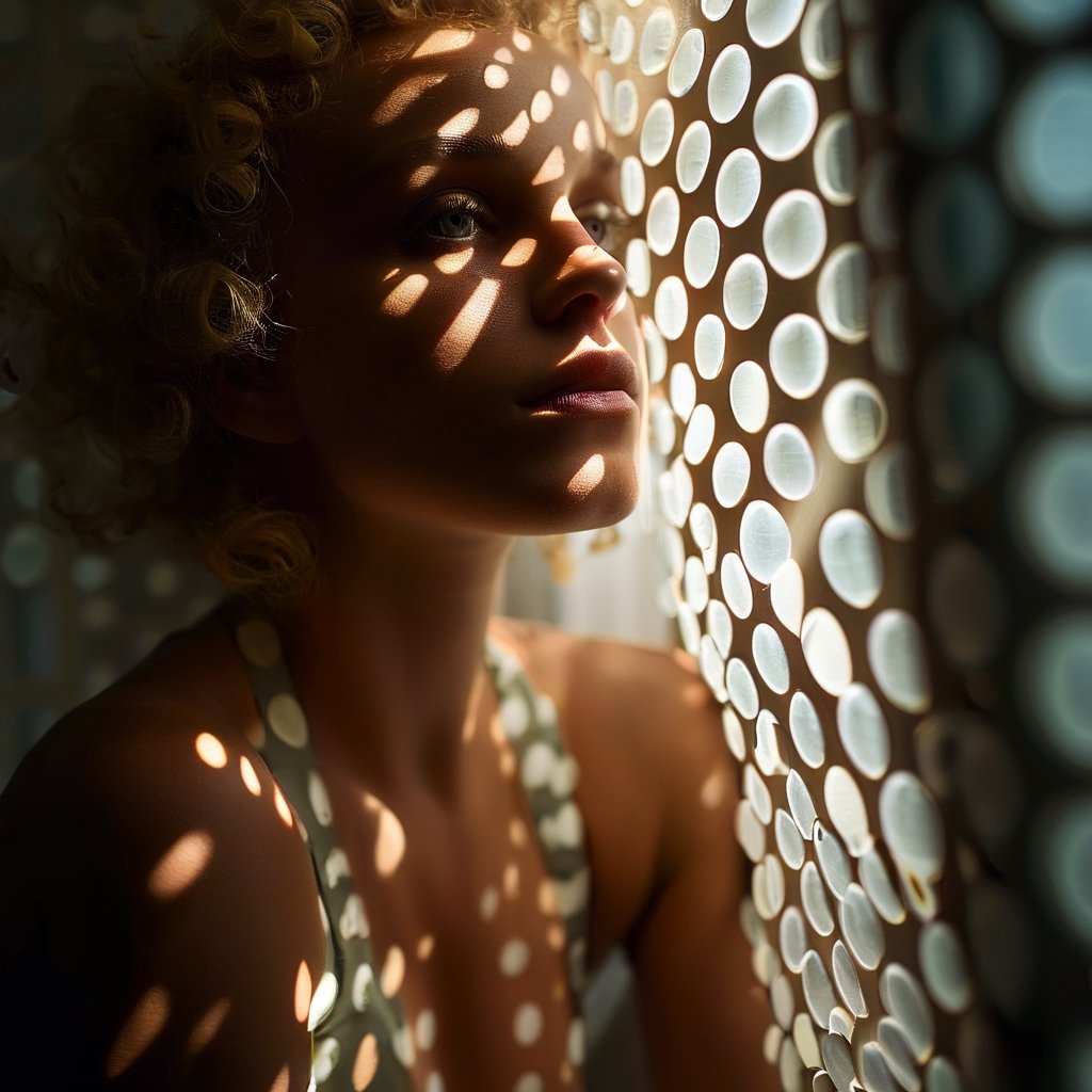 A dark room where the only source of light is the daylight passing through a dotted pattern window. Lightrays, girl looks out of a window, in the style of conceptual light sculptures, polka dots, imaginative prison scenes, fashion photography, opaque resin panels, luminous shadows, close-up