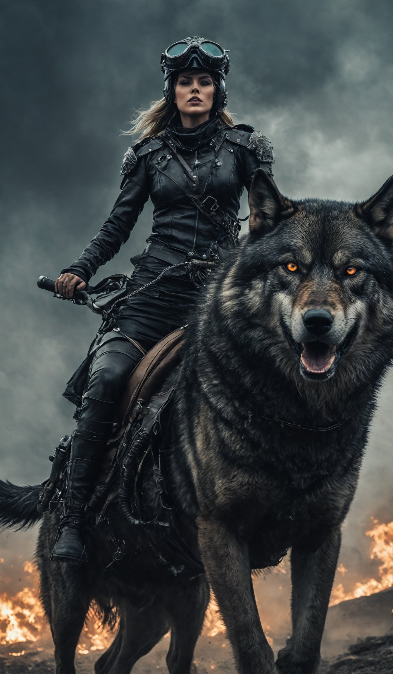 An insanely beautiful dystopian future warrior riding a ferocious big wolf. She wears a black helmet with a retrofuturistic night vision eyepiece. The setting is a bloody battlefield, medievalpunk, dieselpunk, atompunk