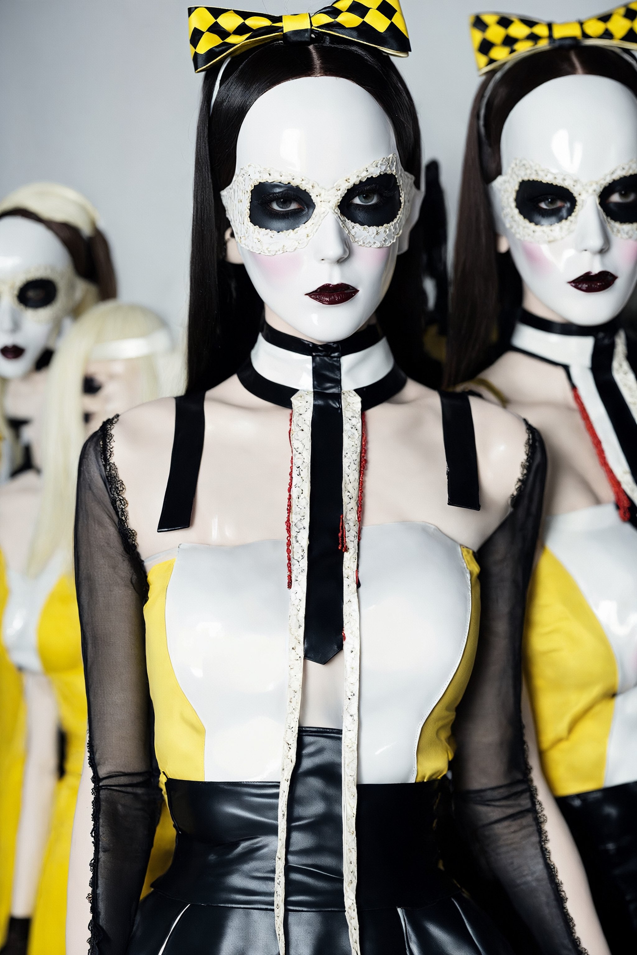 otherworldly horrorcore photograph, 3 females, unholy martyrs,  weird minimalism,  insanity fragmentation,  surreal pop necrocore art,  glorypunk,  a close up of 3 women wearing a bow ties, character portraits,  by Jason Teraoka,  trending on cg society,  neo-figurative,  yellow and black robotic parts,  nun fashion model,  (3 porcelain japanese mannequins:1.4),  (white hime cut hairstyle:1.4),  harnesses and garters,  official product photo,  blindfold,  maid outfit,  latex,  anime figurine,  vibrant darkness,  in the style of macabrecore nightmare,  psychosis, rage,  guro,  gorepunk,  muted colors,  partially desaturated,  pink and black palette. Horror photography Chromatic scale,postcard, landskaper 