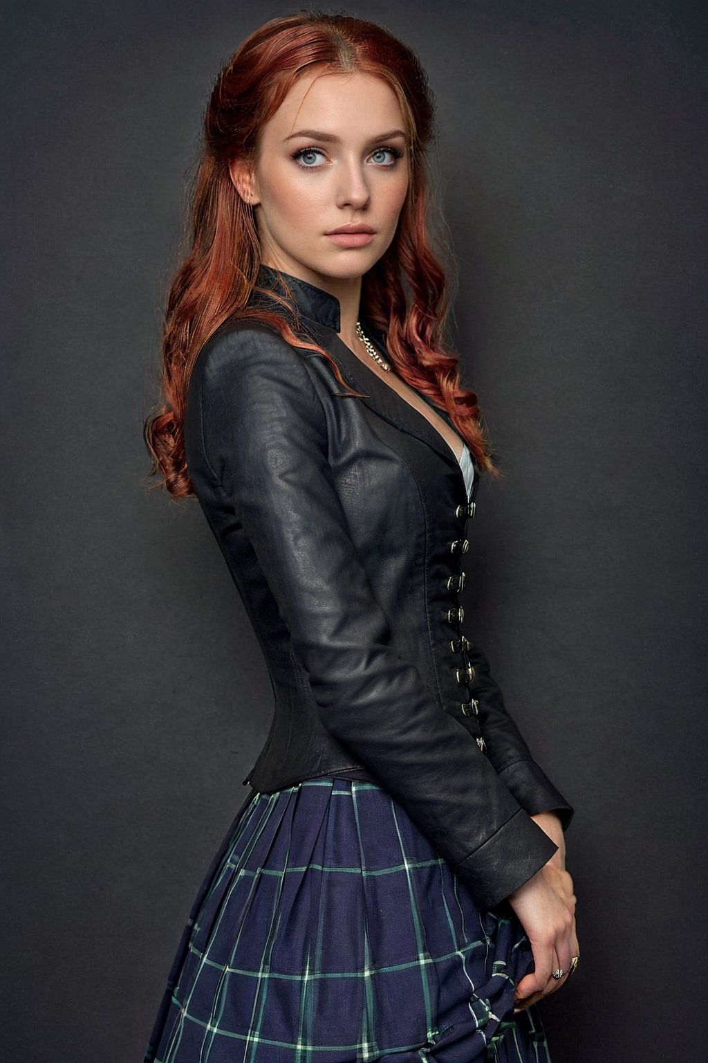 Extremely realistic, Nascar Racing event , 1woman , Sexy scottish woman , red hair style , cleavage , Wearing Scottish skirt , Wearing a frock coat victorian era style , masterpiece , (best quality) , (((realistic))) , ((photorealistic)) , (ultra-detailed) , (detailed light) , (beautiful intricate eyes) , (beautiful face:1.3) , full body shot , far away shot, athletic physique , neon highlights , (((((Victorian era england))))) , Matte photo , detailmaster2 , Dark, neon colors, Extremely Realistic,r4w photo,photo r3al,Magical Fantasy style,diorama,inst4 style