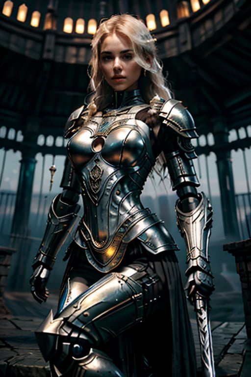 High resolution,  in the misty night, A woman dressed in an Assassin Viking light armor with a mysterious sadness in her eyes. With natural indescribable grace and elegance, when she dances and holds a long katana blade in her hand, wetness on her open bust C-cup, and the gentle breeze moving her white-golish hair. The magnificent Nordic golden jewelry set around her thigh and torso is breathtaking. The way she moves with such effortless poise and sophistication is mesmerizing. ,cyberpunk robot,fantasy_night,pole_dancing,Niji Kei