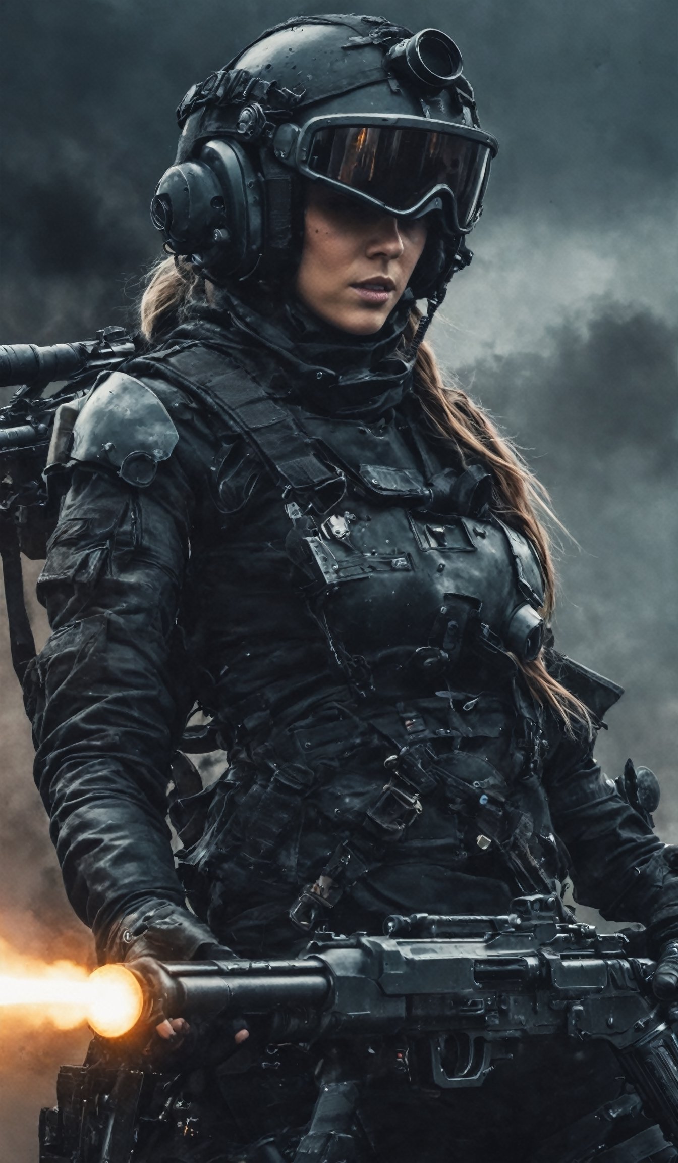 An insanely beautiful dystopian future warrior firing a Gatling plasma gun, ditto at the gunner post in a helicopter. She wears a black helmet with a retrofuturistic night vision eyepiece. The setting is a bloody battlefield, medievalpunk, dieselpunk, atompunk