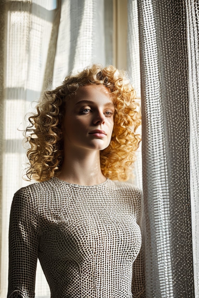 a woman that is standing in front of a curtain, featured on cgsociety, light and space, curly blond, hot with shining sun, maxim sukharev, close-up shoot, with beautiful volumetric light, bright daylight indoor photo, beautiful shadows, 500 px, good lighted photo. dotted pattern window. Lightrays, imaginative prison scenes, fashion photography, opaque resin panels, luminous shadows, close-up