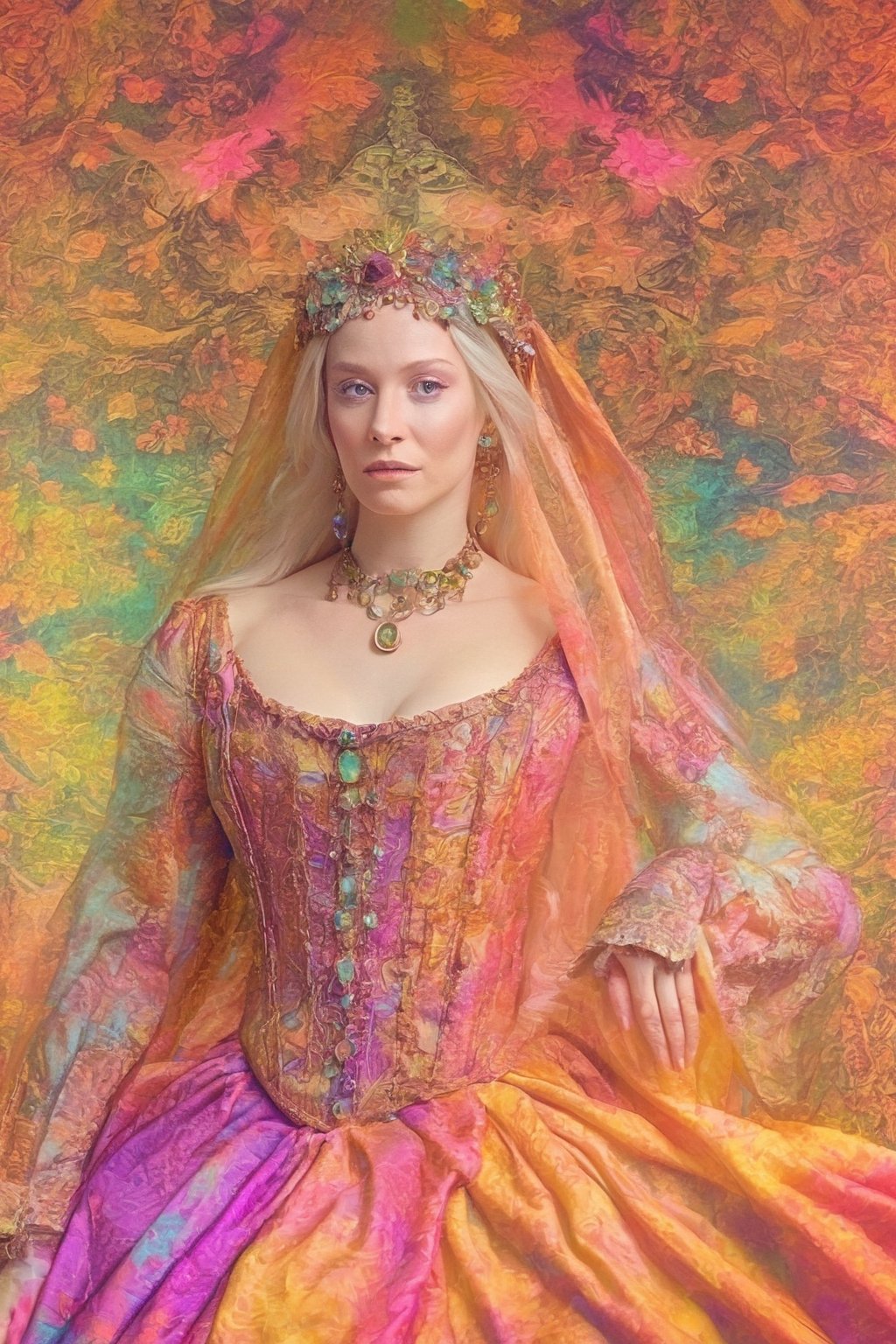 portrait of a (renaissance noble woman) wearing (a regal gown). (An ancient forest) as background. (((psychedelic background:1.5))) using neon glowing colors with sfumato technique.