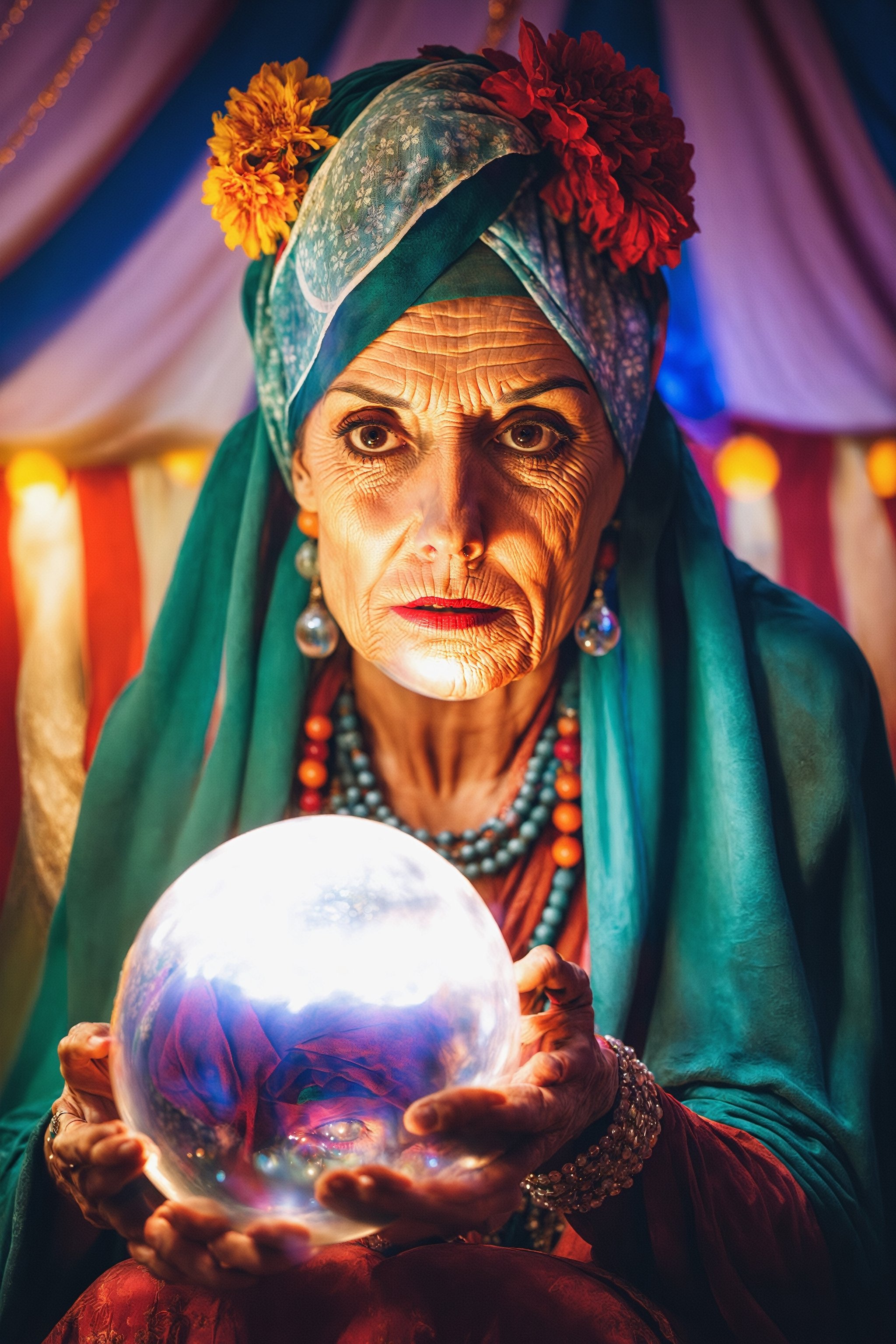 A middle aged woman, imperfect skin, sitting inside a s circus tent, with a a crystal ball. She is a fortune teller, Gypsy, flowers head bandana. Dramatic mood, cinematic lightning, subsurface scattering. In the style of horror photography. Dustboaru, Aldo picture, looking inside the ball. Real skin texture, imperfect skin. 