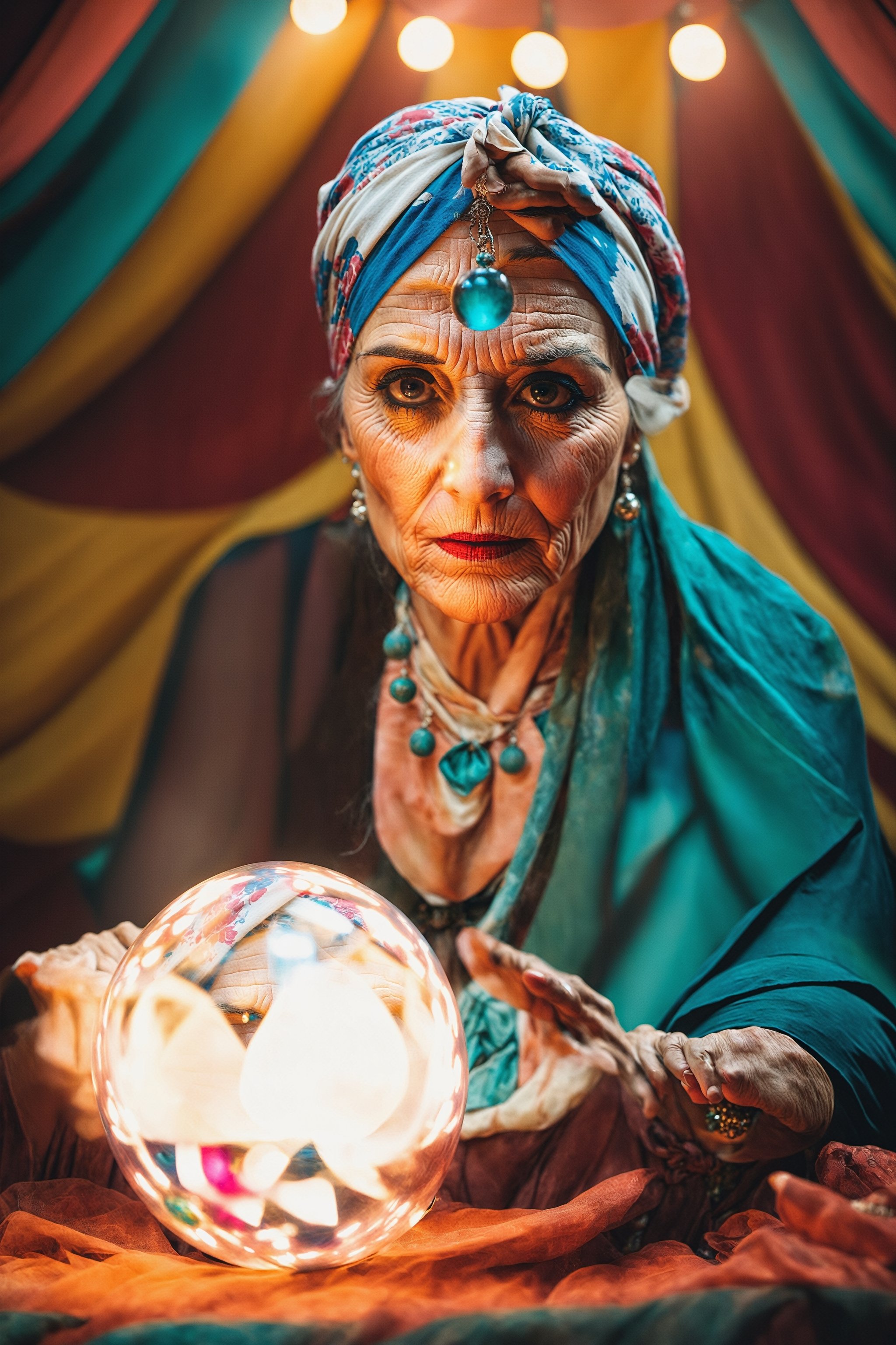 A middle aged woman, imperfect skin, sitting inside a s circus tent, with a a crystal ball. She is a fortune teller, Gypsy, flowers head bandana. Dramatic mood, cinematic lightning, subsurface scattering. In the style of horror photography. Dust particles, vintage photograph, looking inside the ball. Real skin texture, imperfect skin. 