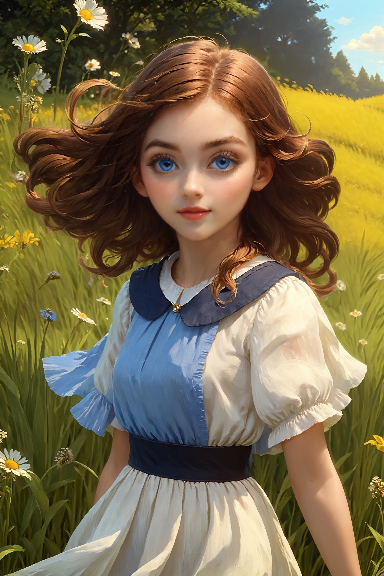 high quality, 8K Ultra HD, masterpiece, beautiful girl with blue eyes with a fantastic touch A digital illustration of anime style, digital paintings of her, beautiful face, A beautiful girl walking with a bag on a grassy field, surrounded by a vast expanse of greenery and wildflowers, Her hair is gently swaying in the breeze, and the sun is shining down on her, casting a warm glow on her skin, heroines, delicate skin, beautiful hair, large eyes, three dimensional effect, enhanced beauty, Albert Anker, Feeling like Albert Anker, Kyoto Animation, Feeling like Kyoto Animation, brown hair, a little smile, luminism, black eye, 3d render, octane render, cinematic, Isometric, by yukisakura, awesome full color, ,3d style,4nime style,3d toon style