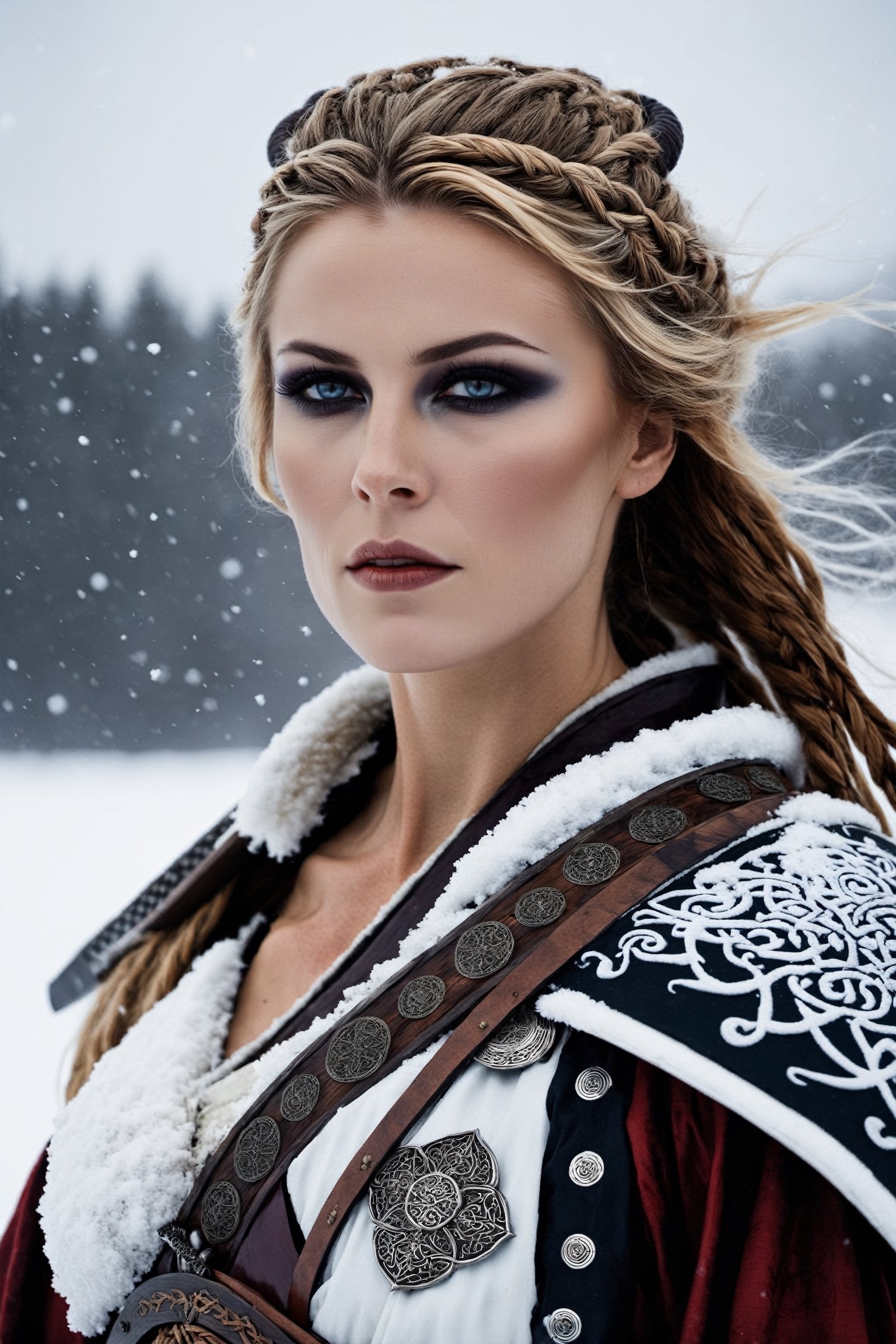 (upper body photograph:1.3) a woman dressed as a viking mixed with samurai, in the snow, a character portrait, fantasy art, samurai, viking, beautiful avatar pictures, anime style mixed with fujifilm, award winning costume design, photor3al,ukiyo_e