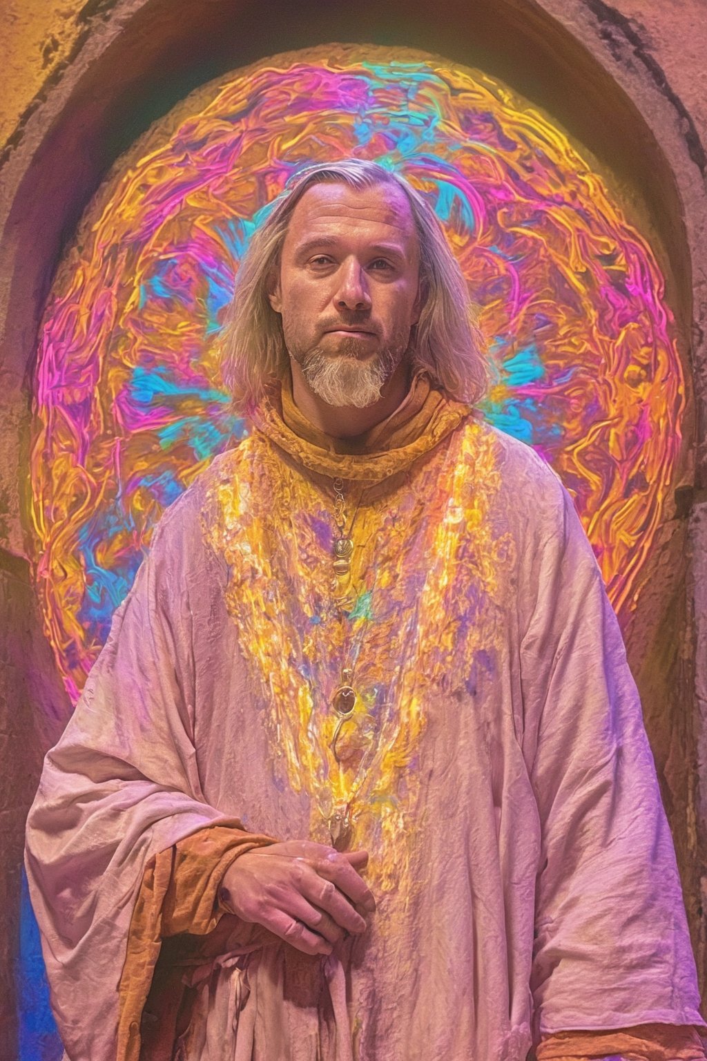 portrait of a (medieval monk) wearing (a worn out robe). (Medieval streets) as background. (((psychedelic background:1.5))) using neon glowing colors with sfumato technique.