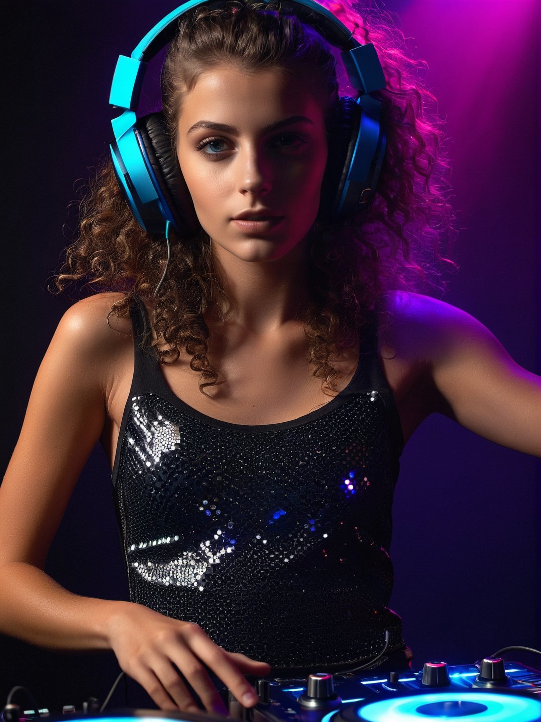 Masteroiece, hyper realistic, hyper detailed, best quality, ultra realistic, ultra detailed, 1girl, 21 years old, (dj console:1.3) (dj headphones:1.3) (((upper body photograph:1.3))) 32k, looking at viewer, disco lights, curly hair, nsfw,Landskaper,photo r3al