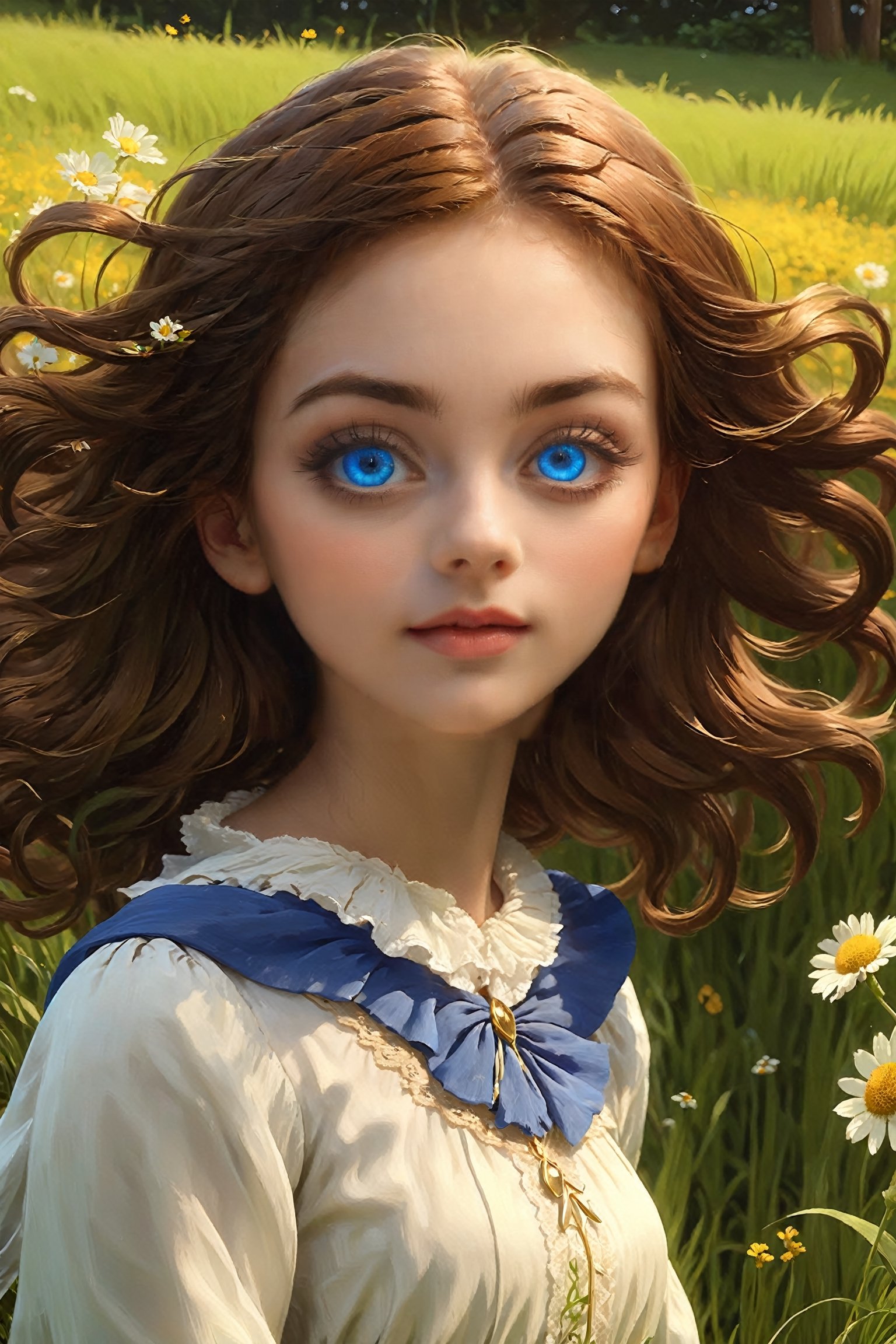 high quality, 8K Ultra HD, masterpiece, beautiful girl with blue eyes with a fantastic touch A digital illustration of anime style, digital paintings of her, beautiful face, A beautiful girl walking with a bag on a grassy field, surrounded by a vast expanse of greenery and wildflowers, Her hair is gently swaying in the breeze, and the sun is shining down on her, casting a warm glow on her skin, heroines, delicate skin, beautiful hair, large eyes, three dimensional effect, enhanced beauty, Albert Anker, Feeling like Albert Anker, Kyoto Animation, Feeling like Kyoto Animation, brown hair, a little smile, luminism, black eye, 3d render, octane render, cinematic, Isometric, by yukisakura, awesome full color, ,3d style,4nime style,3d toon style