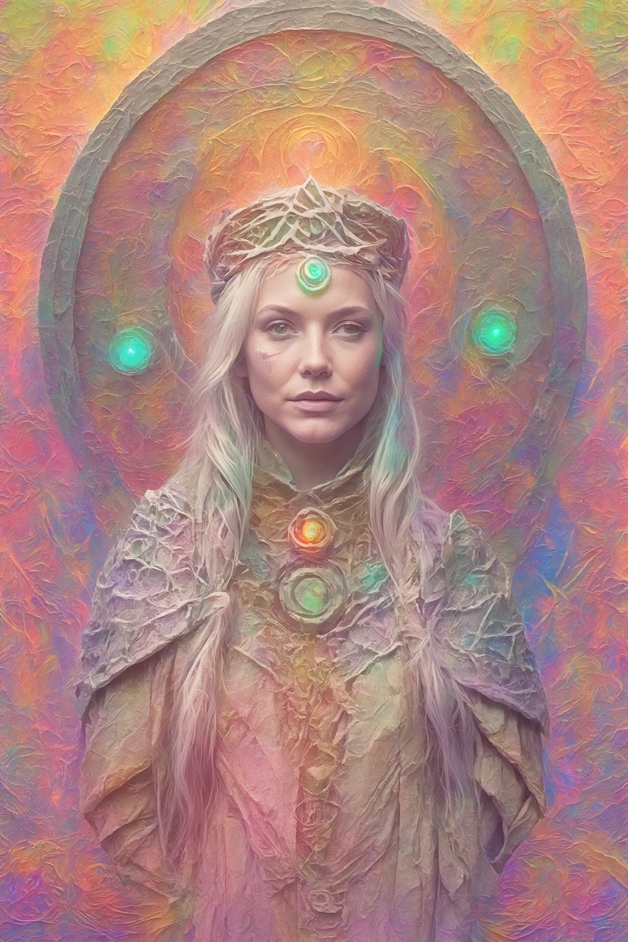 portrait of a (Female Gaelic medieval druid) wearing (a druidic costume and a staff). (Ancient stone monumen) as background. (((psychedelic background:1.5))) using neon glowing colors with sfumato technique.