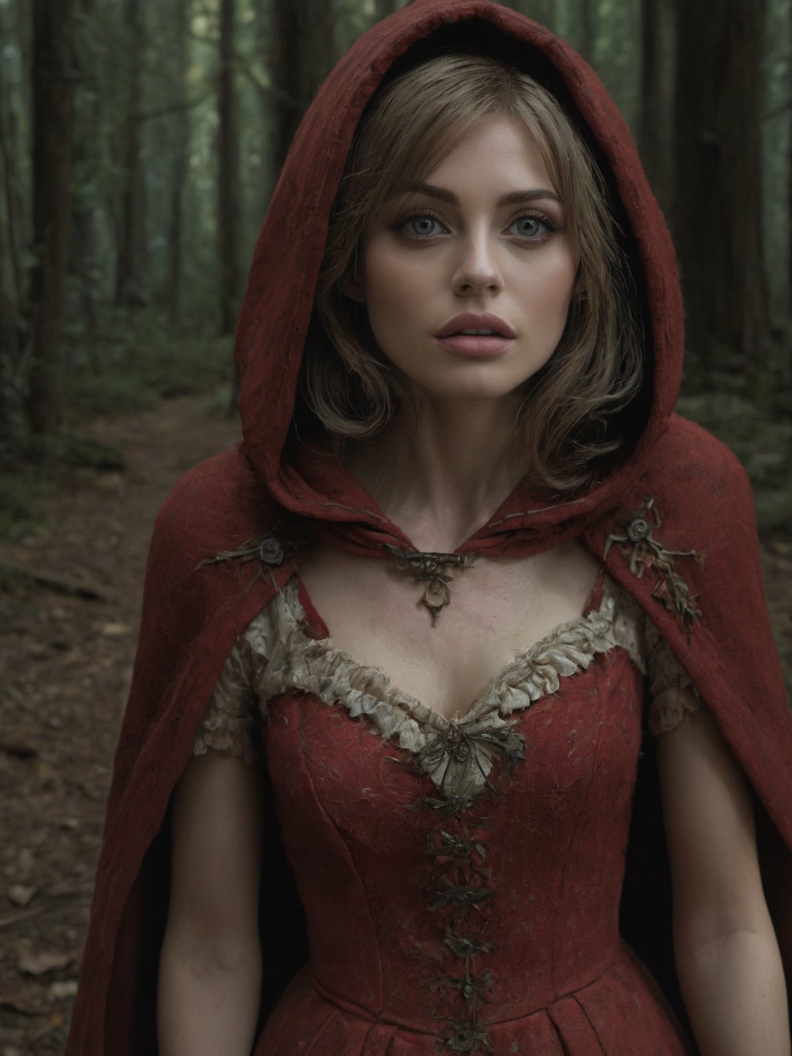 (ultra realistic photograph:1.3), (matte skin:1.3) (realistic skin texture:1.3) (8k, RAW photo,  best quality, ultra high res, photorealistic,  masterpiece, (ultra-detailed,  Unreal Engine), (((Upper body photograph:1.3))) (Little Red Riding Hood), (red hood:1.3), (pale skin), (glassy eyes), (needle marks), (disheveled hair), (tattered dress), (dirty hands), (pale lips), (gaunt appearance), (worn-out shoes), (dark circles under eyes), (lost expression), (erratic behavior:1.2), (dazed look), (fearful glances), (withdrawn demeanor:1.1), (empty stare), (needle in hand:1.3), (neglected appearance), (pale cheeks), (unsteady walk), (nervous twitch:1.2), (pocket full of pills:1.3), (slurred speech), (erratic movements), (paranoia:1.1), (unreliable memory:1.2), (dilated pupils:1.3), (lost innocence), (isolated from loved ones:1.3), (fallen from grace:1.2), (fear of the woods), (broken family ties:1.4), (once bright future:1.3), (longing for escape), (struggles with addiction:1.4), (yearning for help:1.2), (fading hope:1.1)., (Photorealistic), (Hyperrealistic), (Hyperdetailed), (analog style), (detailed skin), (matte skin), (soft lighting), (subsurface scattering), (realistic), (heavy shadow), (masterpiece), (best quality), (ultra realistic), (8k), (Intricate), (High Detail), (film photography), (shrp focus), (detailed skin texture), (elegant),horror,Movie Still