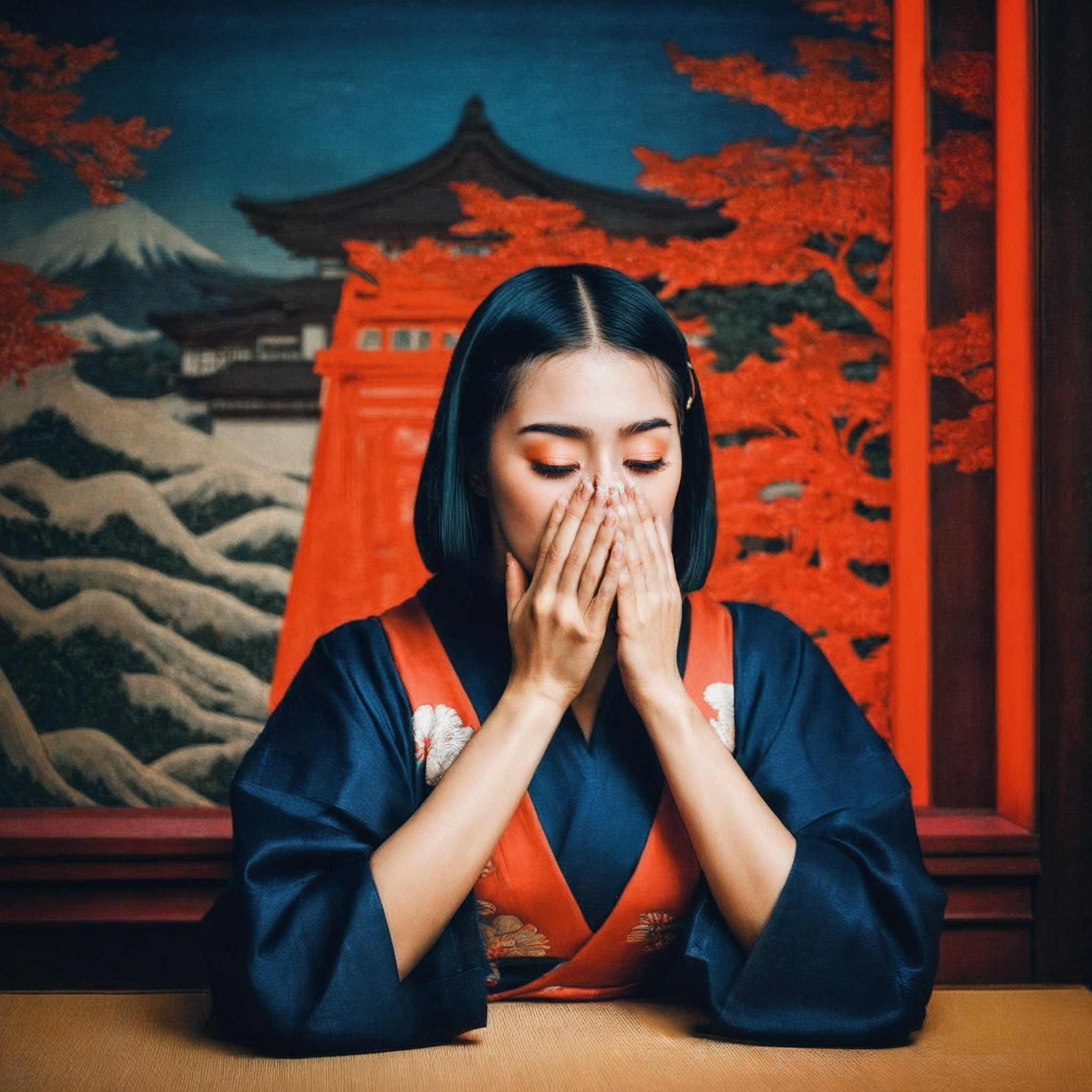 Ukiyo-e stylized photograph. A lovely woman covering her face with her hands, 500 px models, dark neon colored universe, chrome bob haircut, portrait of Kim Petras, woman very tired, detached sleeves, red light, tragedy of the mind - driven, dark hues, redshift, connectedness, emote, stylized portrait h 1280, aesthetic!!!!!, tense,analog,more saturation ,ukiyo_e