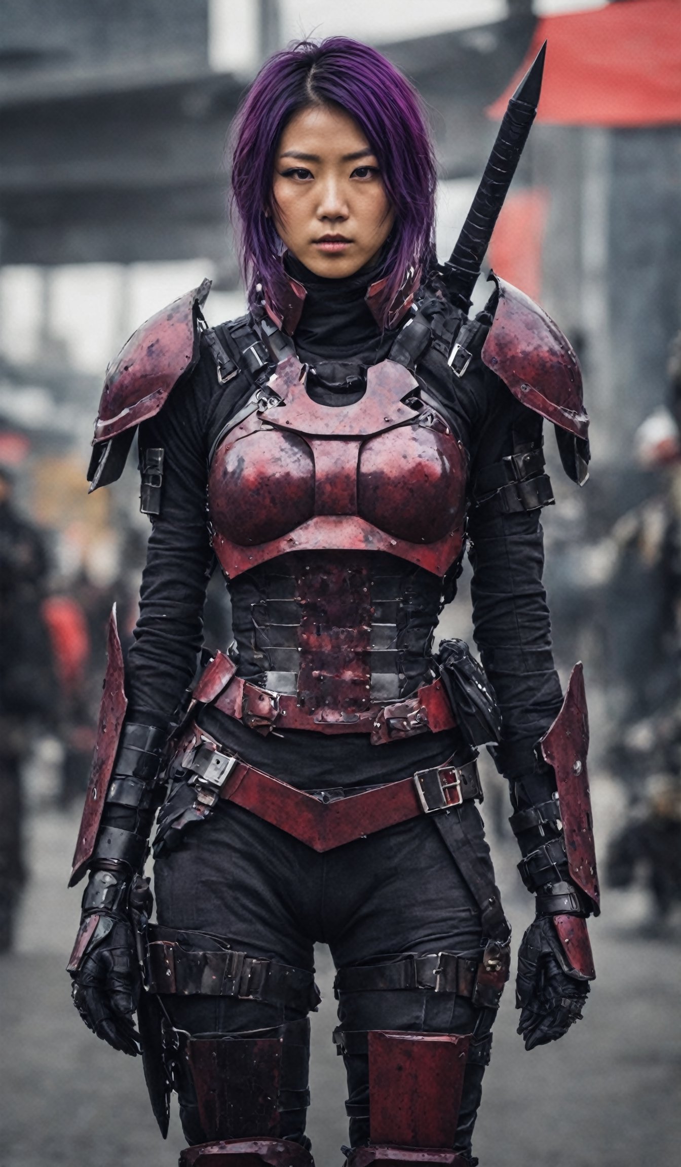 An insanely beautiful dystopian future japanese warrior. She wears a lihht red and purple tactical armor made of carbon fiber. The setting is a bloody urban battleground. medievalpunk, dieselpunk, atompunk