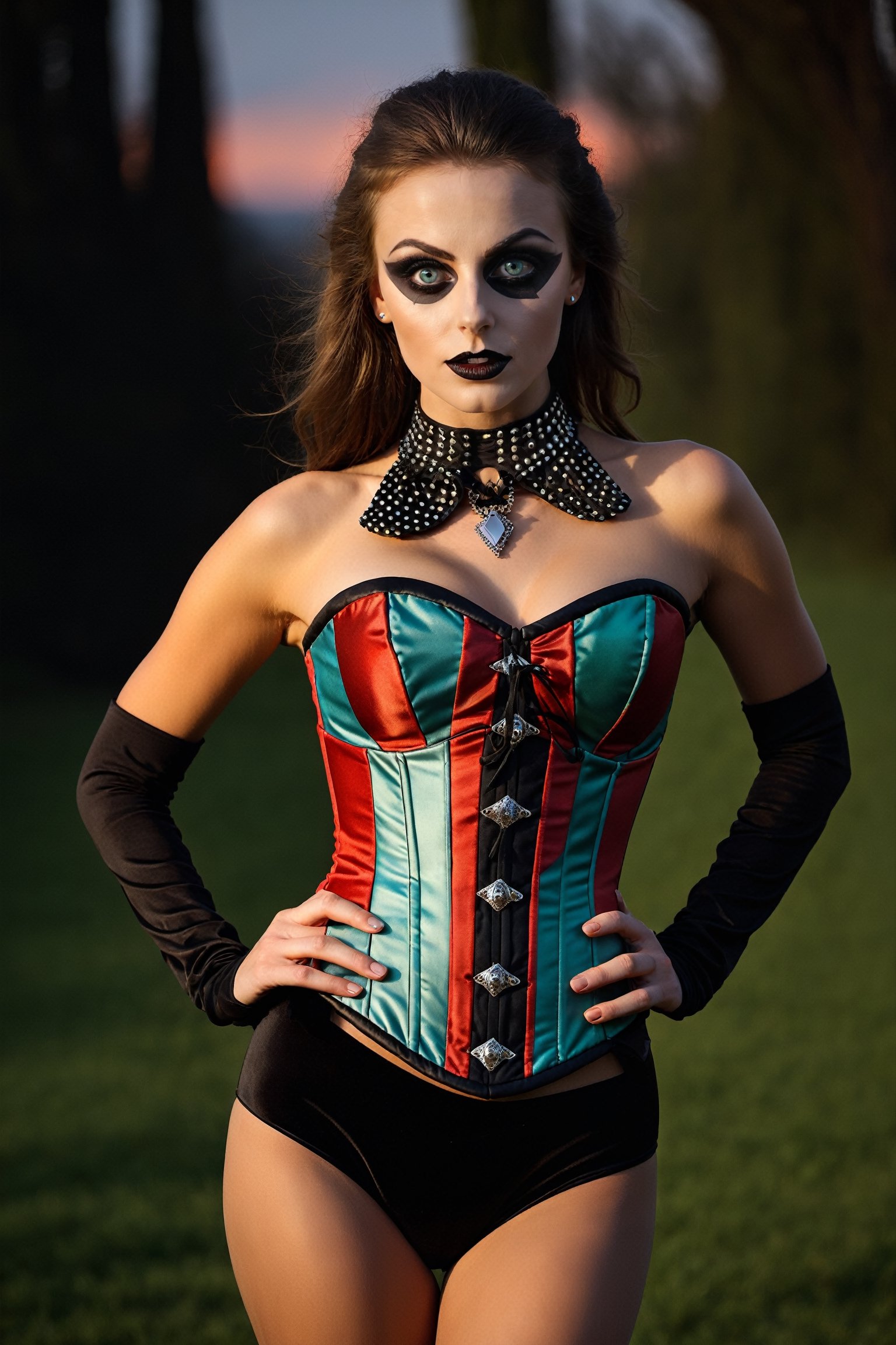 best quality, ultra quality, ultra detailed, ultra sharp, ultra realistic, harlequin costume, female, corset, big eyes,  realistic eyes, skinny, warm lighting,Landskaper,Monster,photo r3al