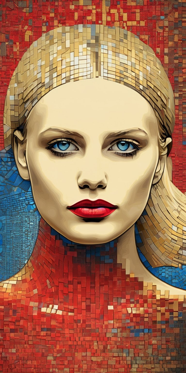  3d rendering rollei prego of a blonde fashion model, datamoshing style, cubist surrealism,  mosaic shapes, aesthetic, rich dark shadows, global illumination, ray tracing, UHD,red blue and gold color scheme, chipped paint, female android, visible pores, symmetrical beautiful human face, amazing splashscreen artwork, lindsay adler,vintagepaper,alt_style,The_Resurrectionist