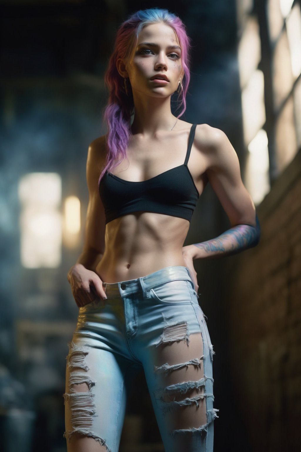 Jinx, (High Detail Iridescent Skin:1.2), (High Detail Face), Sexy Clothes, Ripped Pants, (Photorealistic:1.4), Best Quality, Masterpiece, Edge Lighting, Backlighting, Studio Lighting, Raw Photography , 50mm lens, bokeh, depth of field, by Annie Leibovitz