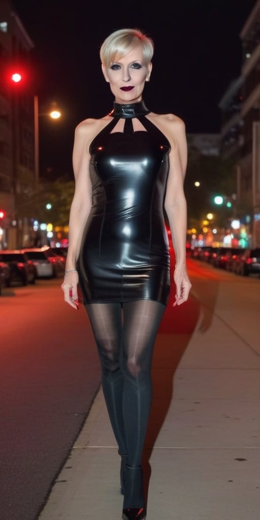 mature 50 yo Female,Extremely Short Blonde Shorthair Cut, gothic makeup,Red mini latex dress,(((Black shear pantyhose))), Stiletto high heels ,slender , thin , skinny , night time city streets 