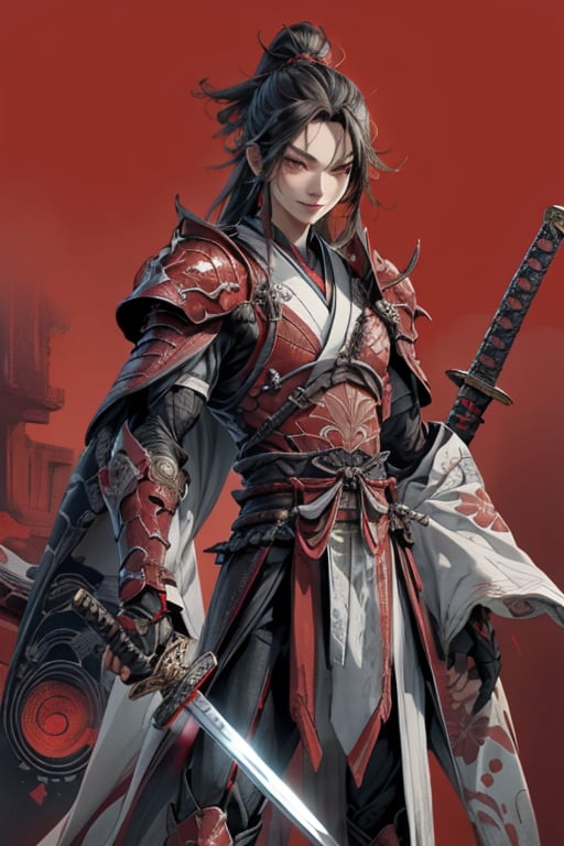 red eyes, long_hair, boy, red armor, black kimono, smile, long katana ,yushui, big guy, man,kongming suit,perfecteyes, Bits, red armor, mature, red armor, power, detailed_background,weapon