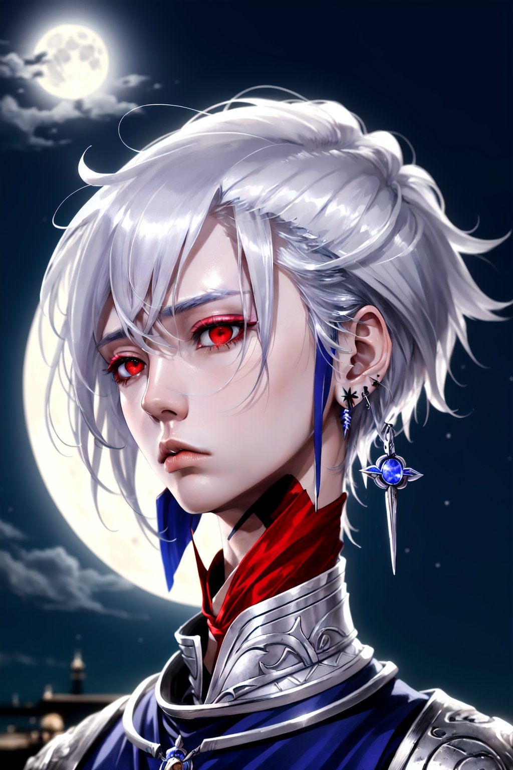 moonlight warrior boy with silver hair highest quality clean art detalised perfect rendering proffesional art aesthetic moon earring manly face manly jaw pretty nose manly anatomy cold emotionless red eyes hyperdetailed ethereal aesthetic
