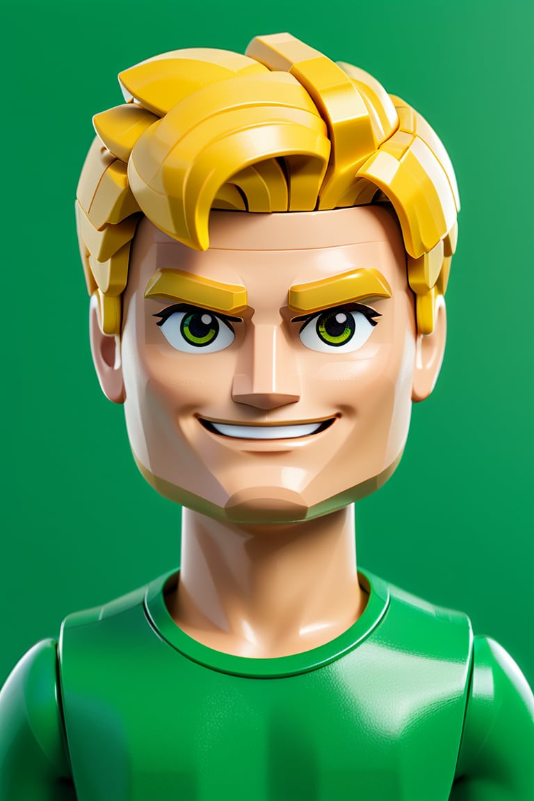 logo for modern app, cartoon style, lego face, blond man 28 y.o.,  green and yellow, look seriously, Roblox, 