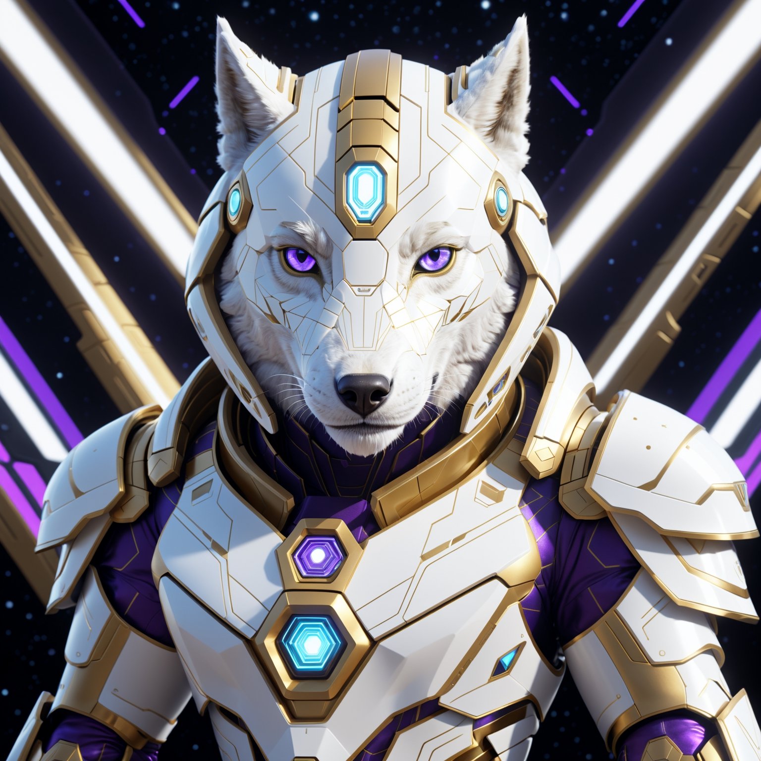 white and gold wolf, big purple eyes, sci-fi armour,  sacred geometry, futuristic clothesi,detailmaster2, cinematic moviemaker style, 2d cartoon style, in space ship, smile