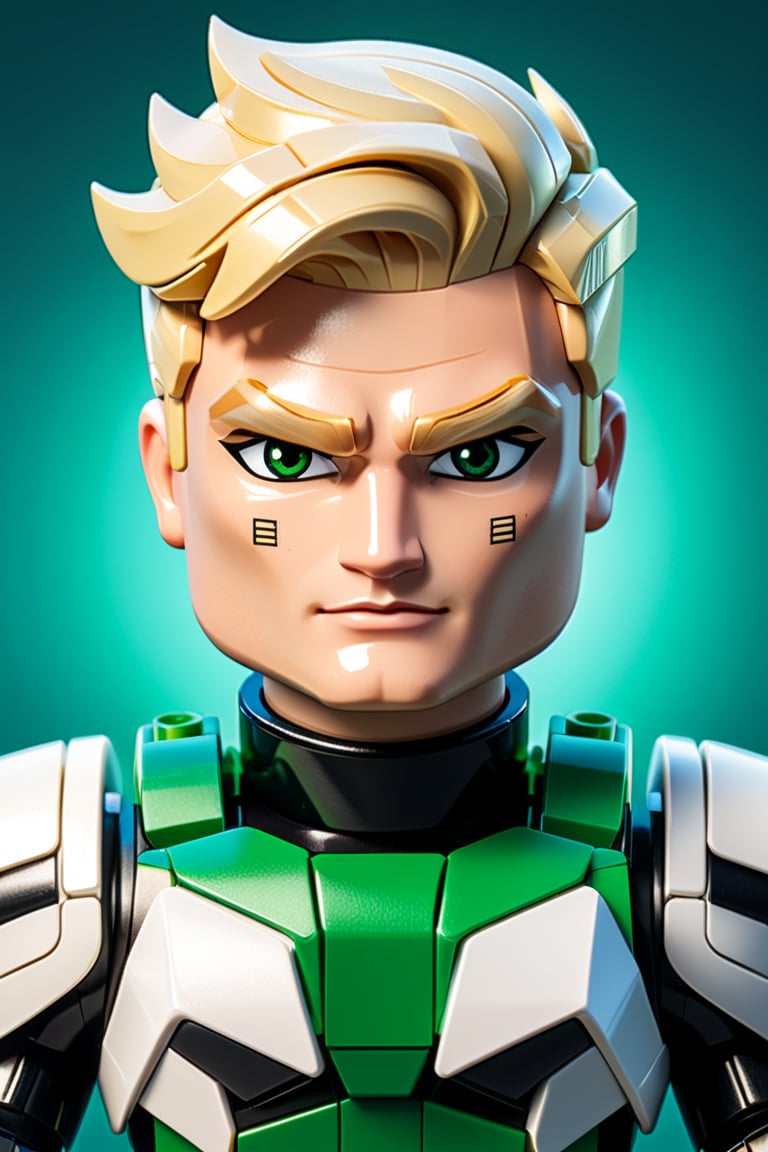 logo for modern app, cartoon style, lego face, blond man of 28 y.o.,  classic haircut, blond hair, black eyes, white and green, look seriously, sci-fi armor, Roblox, cyberpunk style, half body view, 2d animation cartoon style, gamer, game logo style,