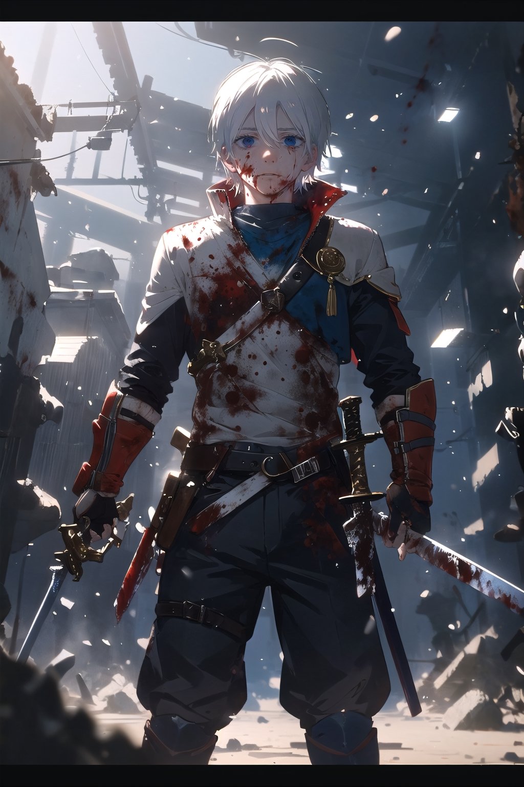 (masterpiece, best quality), cinematic composition, letterboxed, depth of field, solo focus, a boy standing on a battle fill, with two swords, injured, cold eyes, white hair, blood stains, blue eyes, 18 year old 