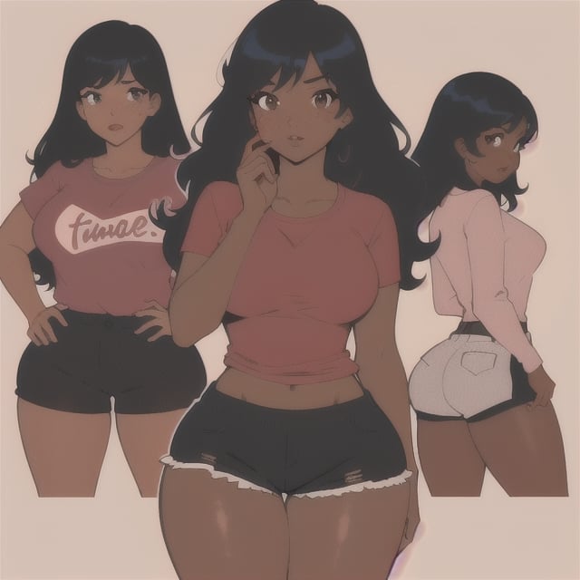 (Perfect body), Best Quality, (((blush))), (((Dark Skin))), (wavy Hair),  ((thick thighs)),  shy, freckles,  black hair,  brown eyes,  cover,  good fingers,  good hands, best eyes, round pupil,veronica,ink,b1mb0, shirt shorts, black shorts, tight shorts, red shirt 